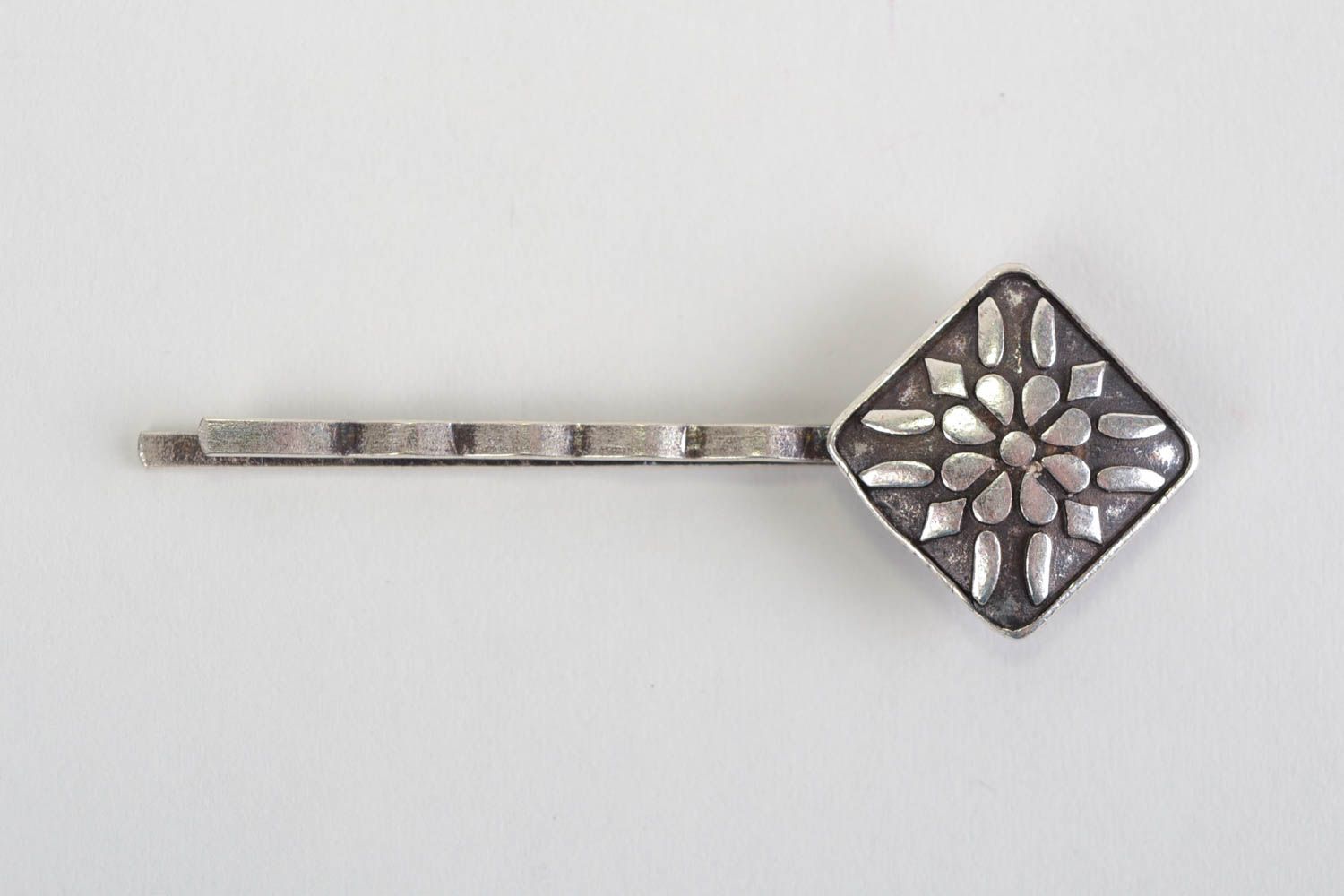 Beautiful handmade designer metal bobby pin in the shape of rhombus with pattern photo 3