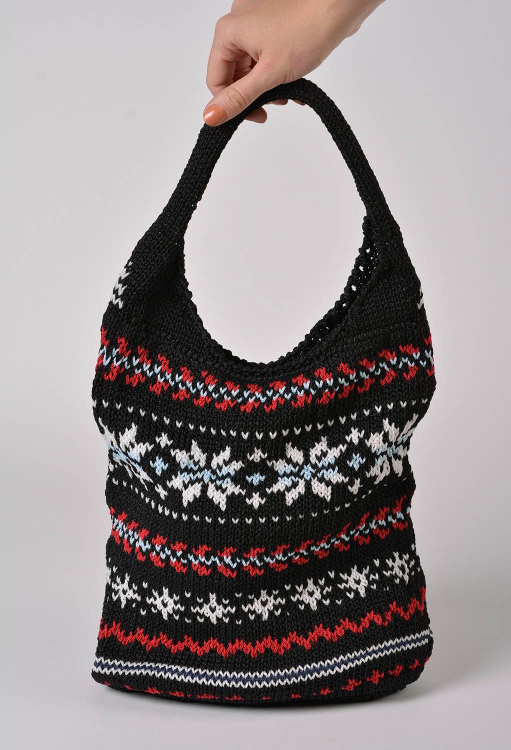 Crocheted female handbag of dark red color with black lining handmade purse photo 2
