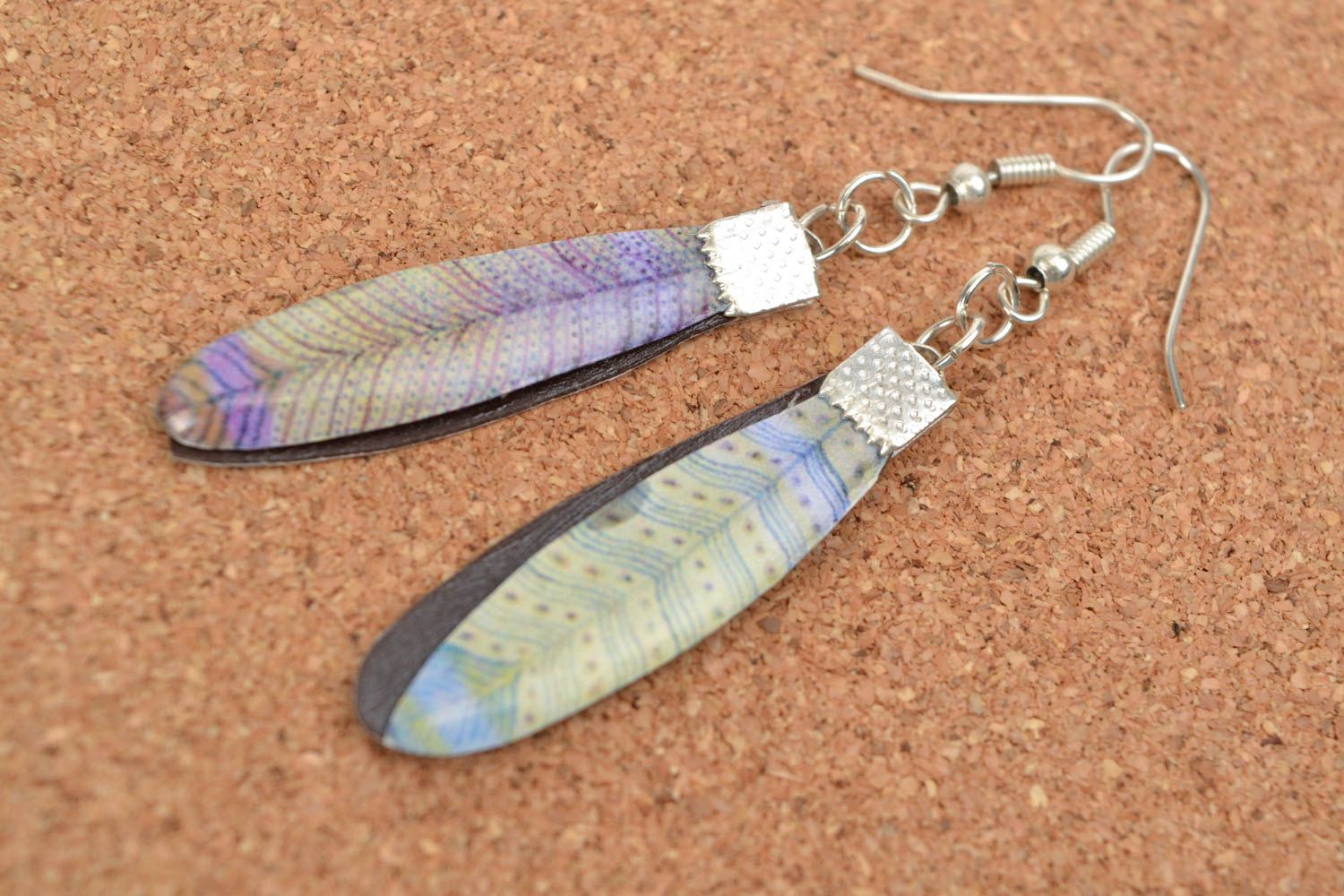 Handmade polymer clay long earrings with jewelry resin Feathers photo 1