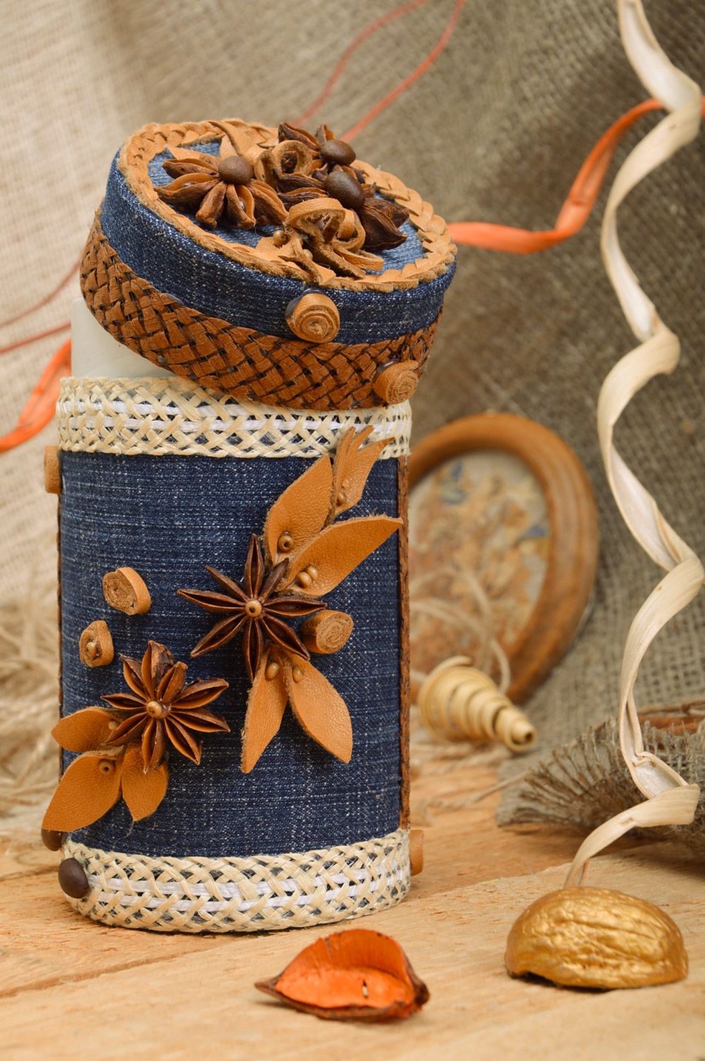 Beautiful handmade denim fabric box in the shape of cylinder for accessories photo 1