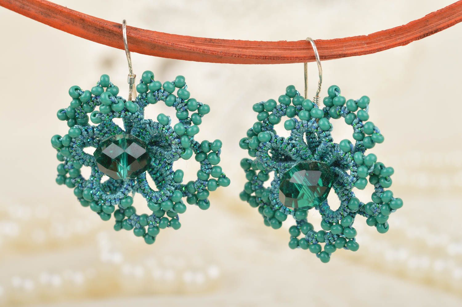 Beautiful green handmade designer tatted earrings with Czech beads Flower photo 1