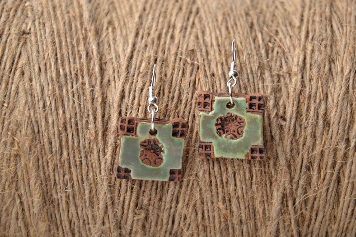Square ceramic earrings in ethnic style photo 1