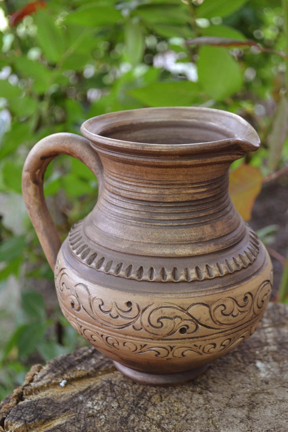 Belle cruche céramique avec ornement intéressant faite main 75 cl marron photo 1