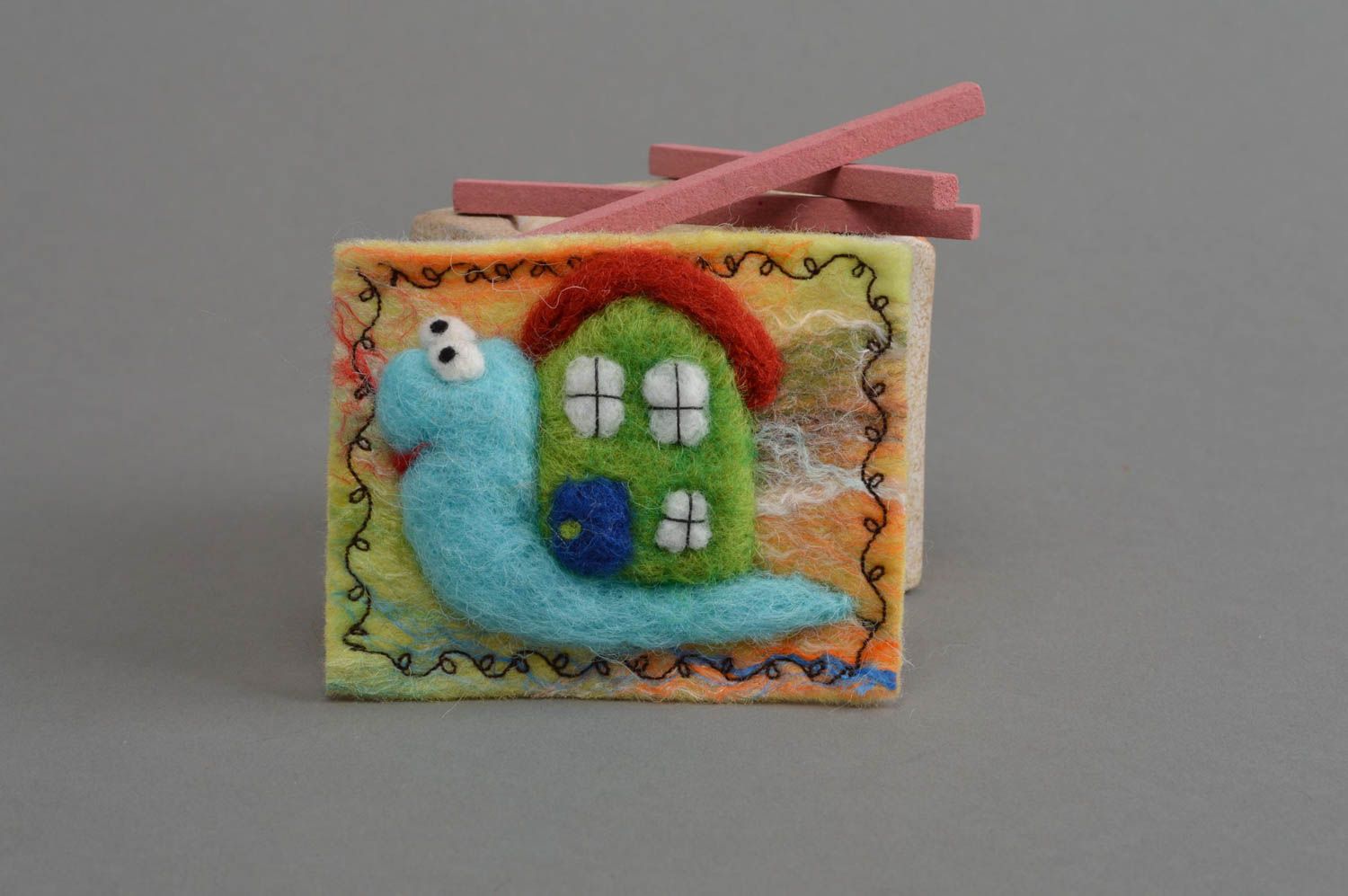Handmade cute textile fridge magnet made of natural wool in shape of snail photo 1