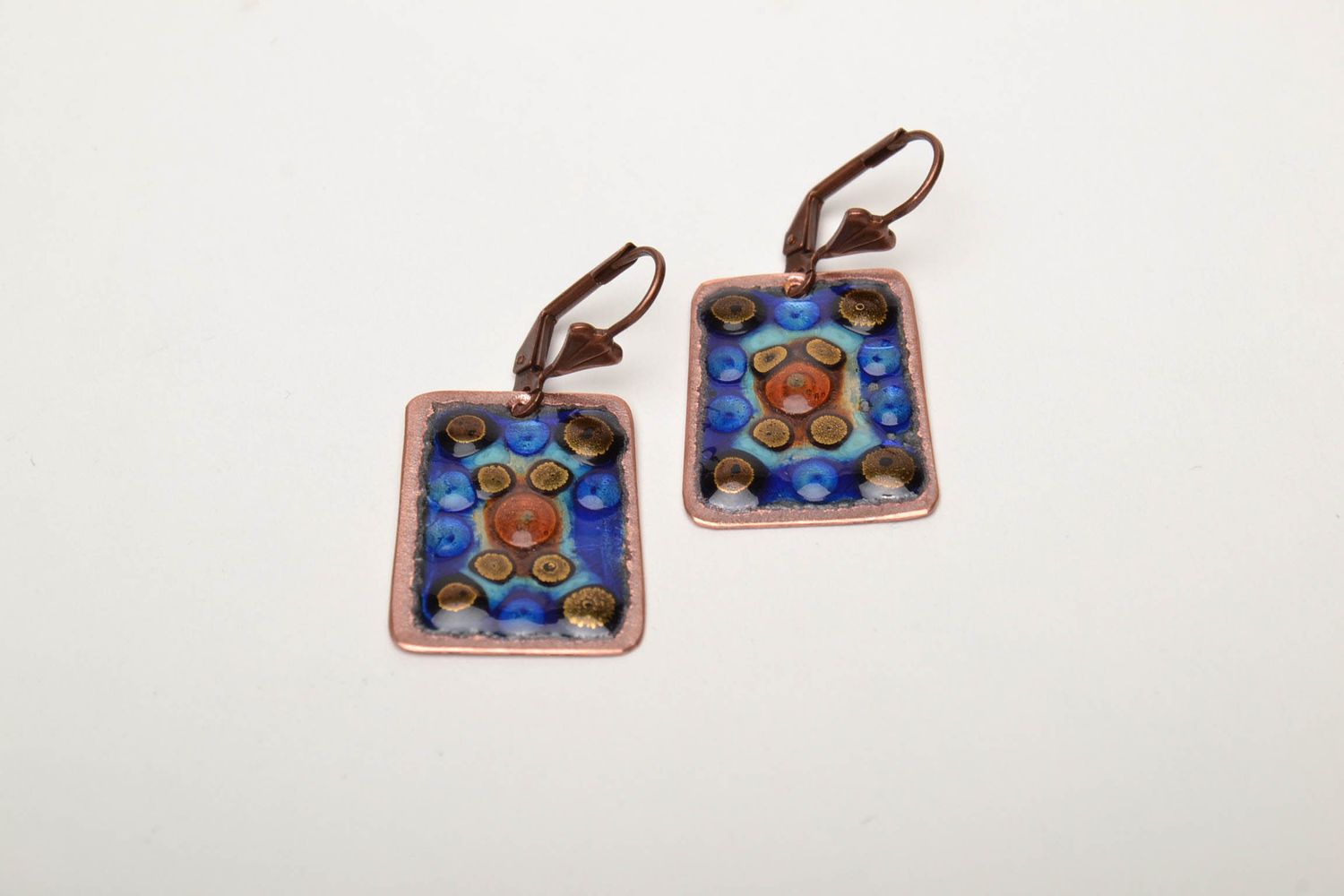Copper earrings painted with enamels in blue color palette photo 3