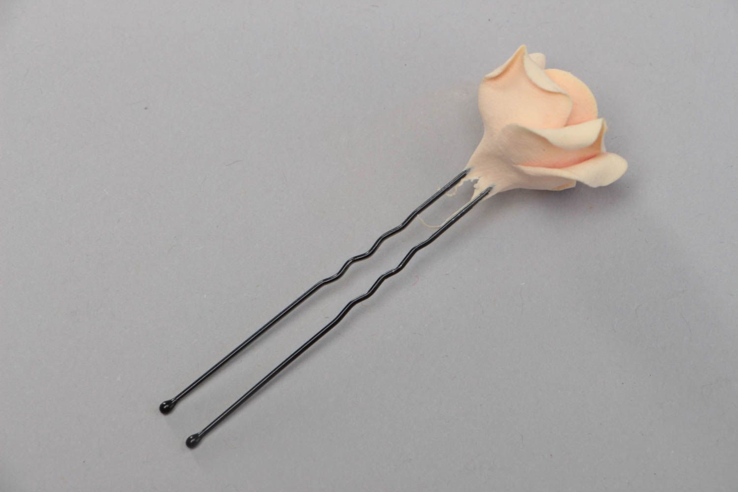 Handmade decorative hair pin with polymer clay rose flower of peach color photo 4