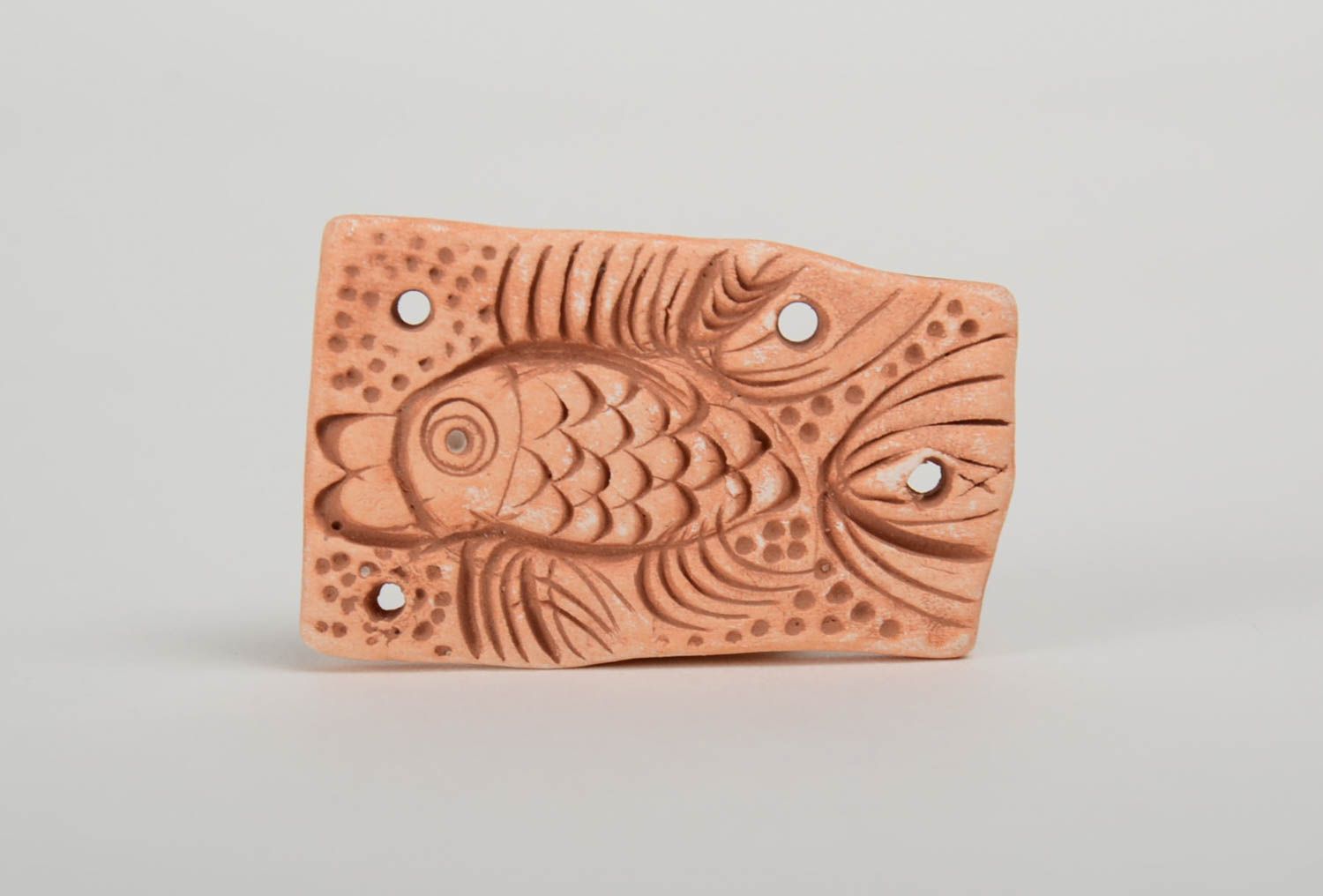 Handmade rectangular unpainted flat ceramic pendant with embossed fish pattern  photo 2
