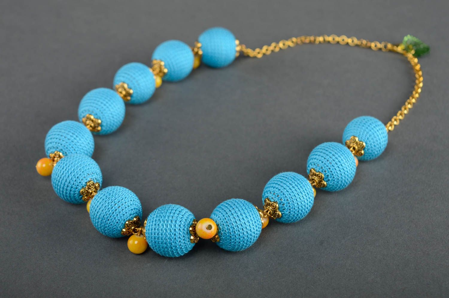 Joli collier tricoté en fil de coton et lin fait main Lagune bleue bijou femme photo 1