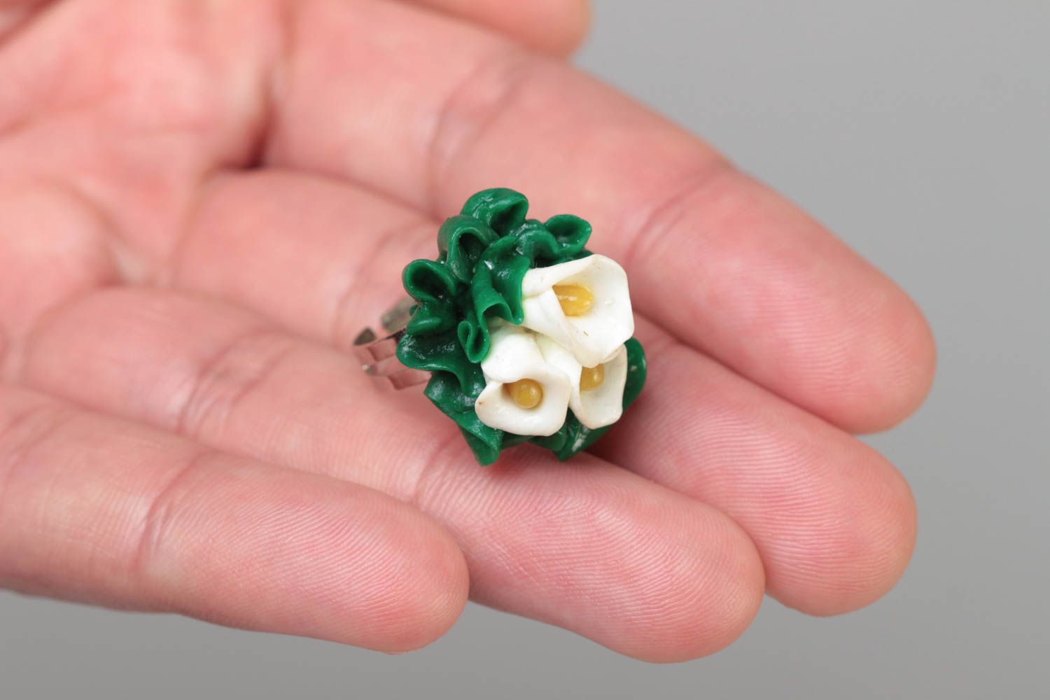 Handmade jewelry ring on metal basis with polymer clay white calla lily flowers photo 5