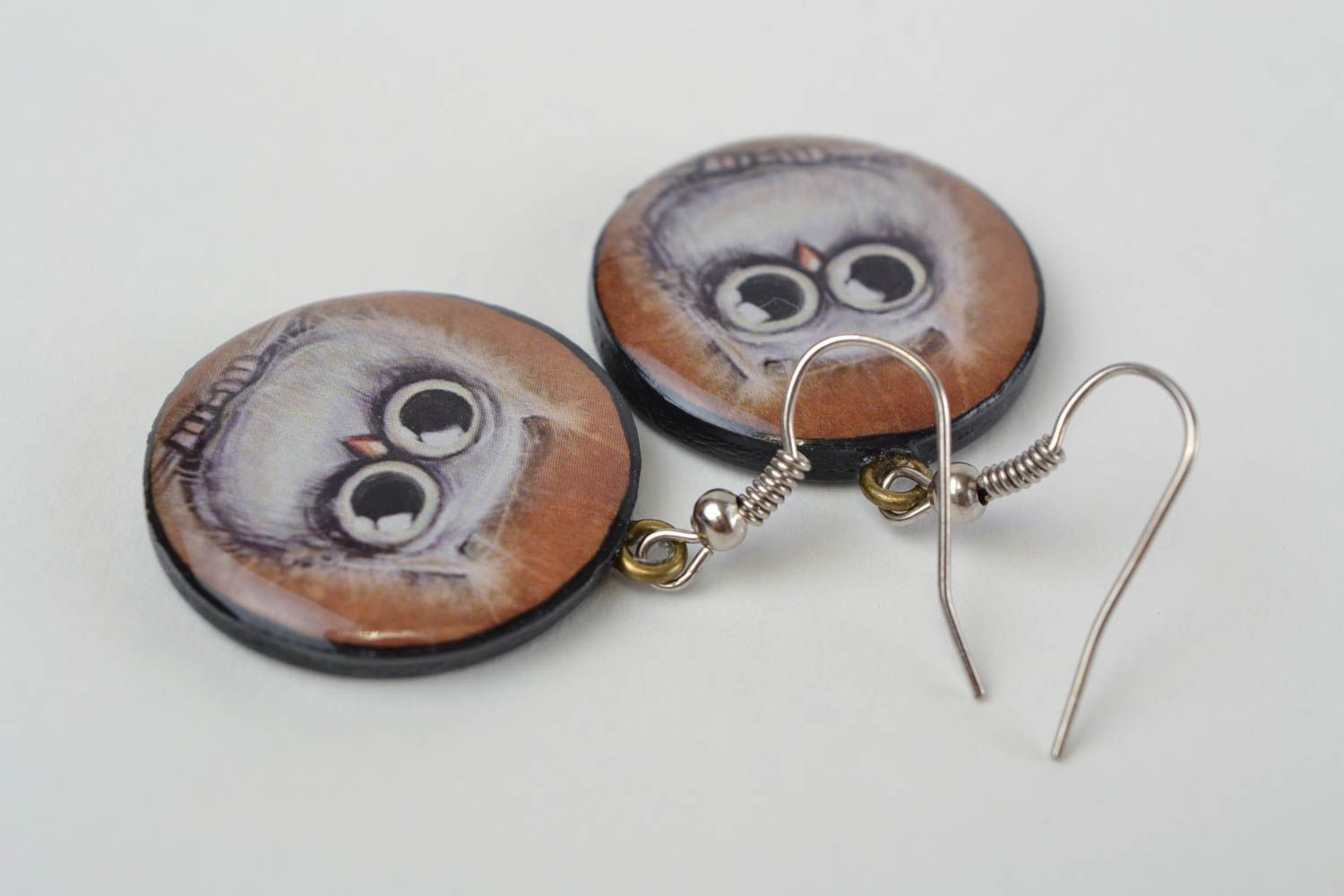 Handmade round polymer clay decoupage dangling earrings with image of owls photo 4