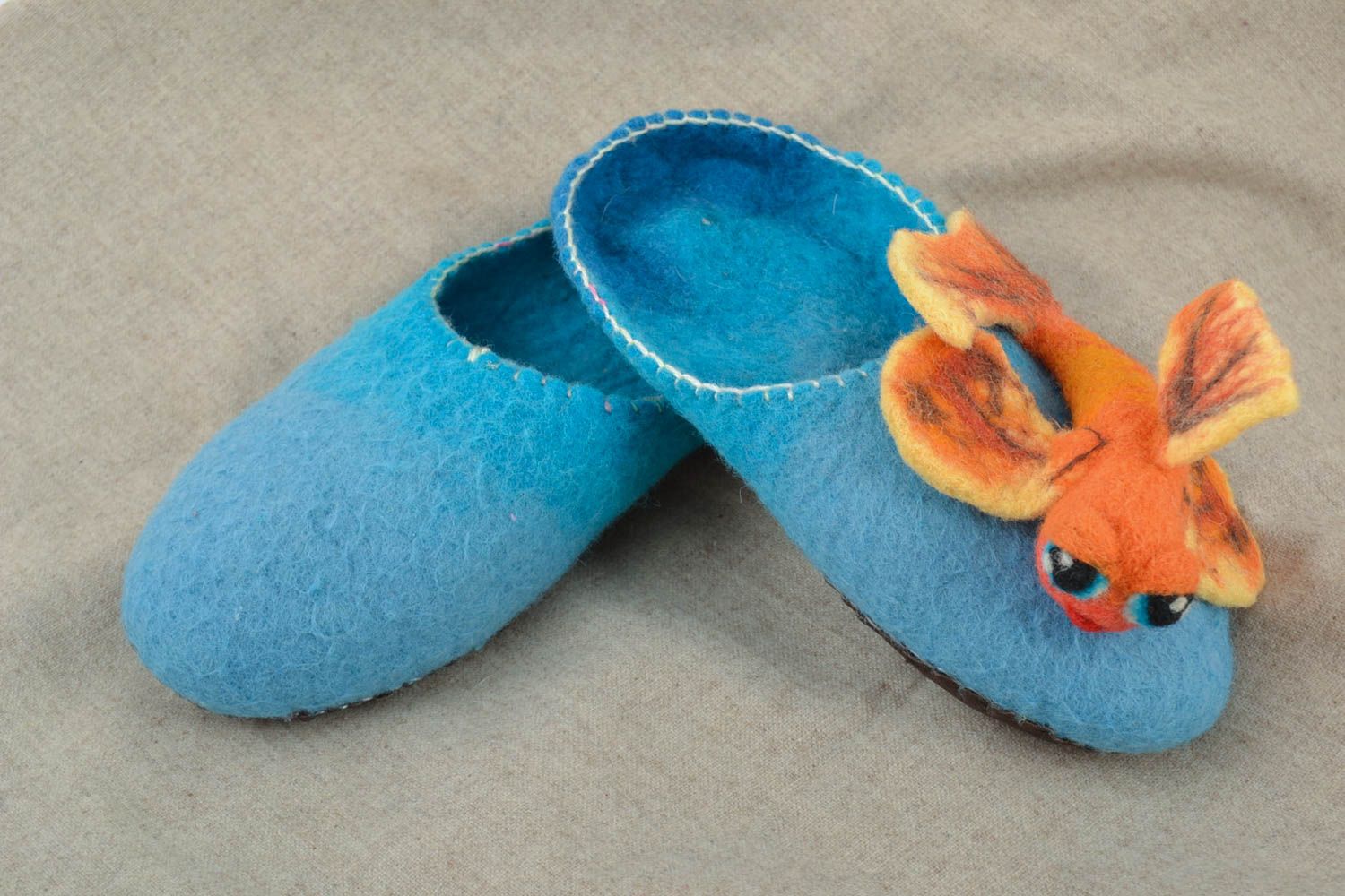 Blue handmade designer felted wool slippers with volume toy fish photo 1