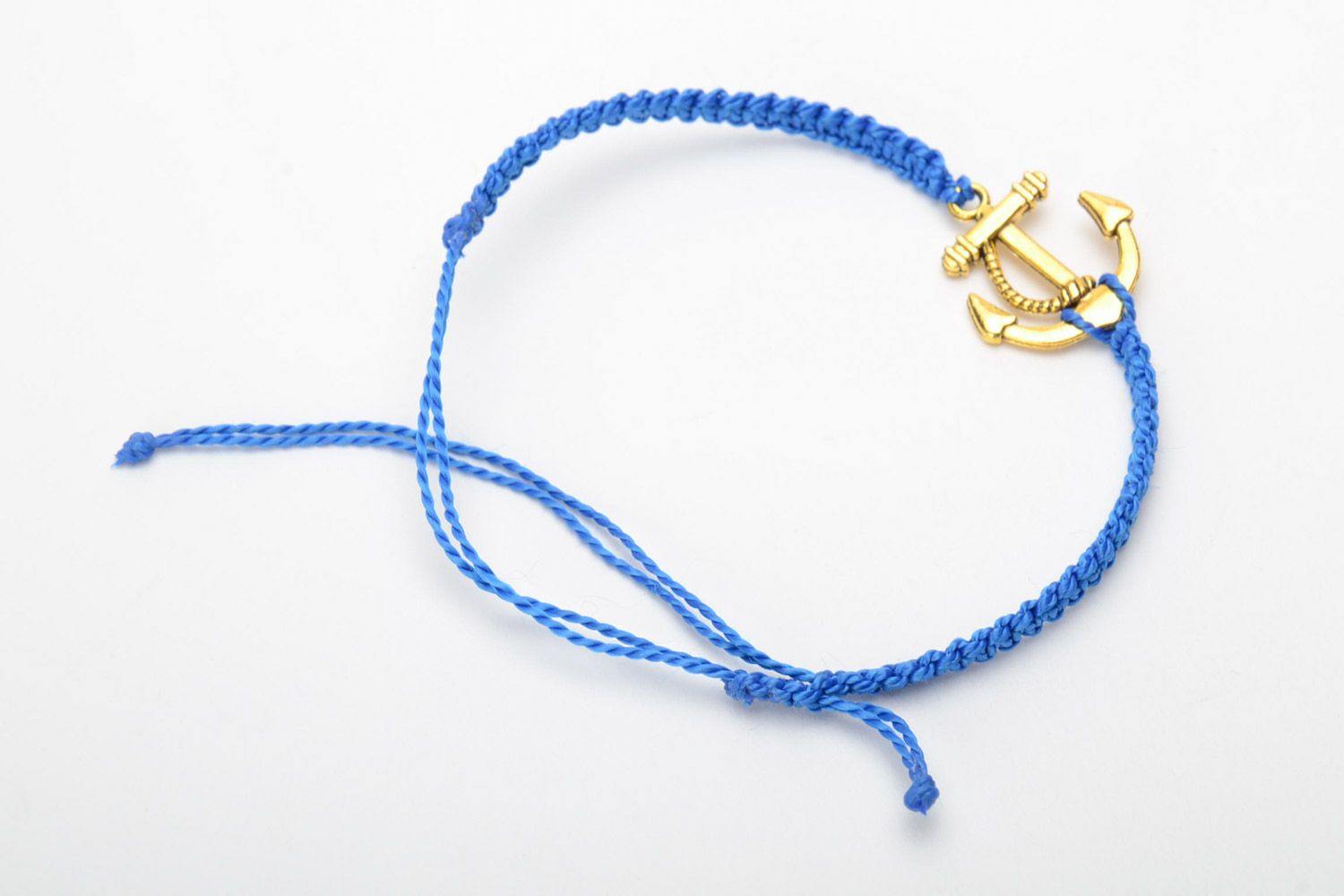 Handmade blue macrame woven cord bracelet with anchor charm photo 4