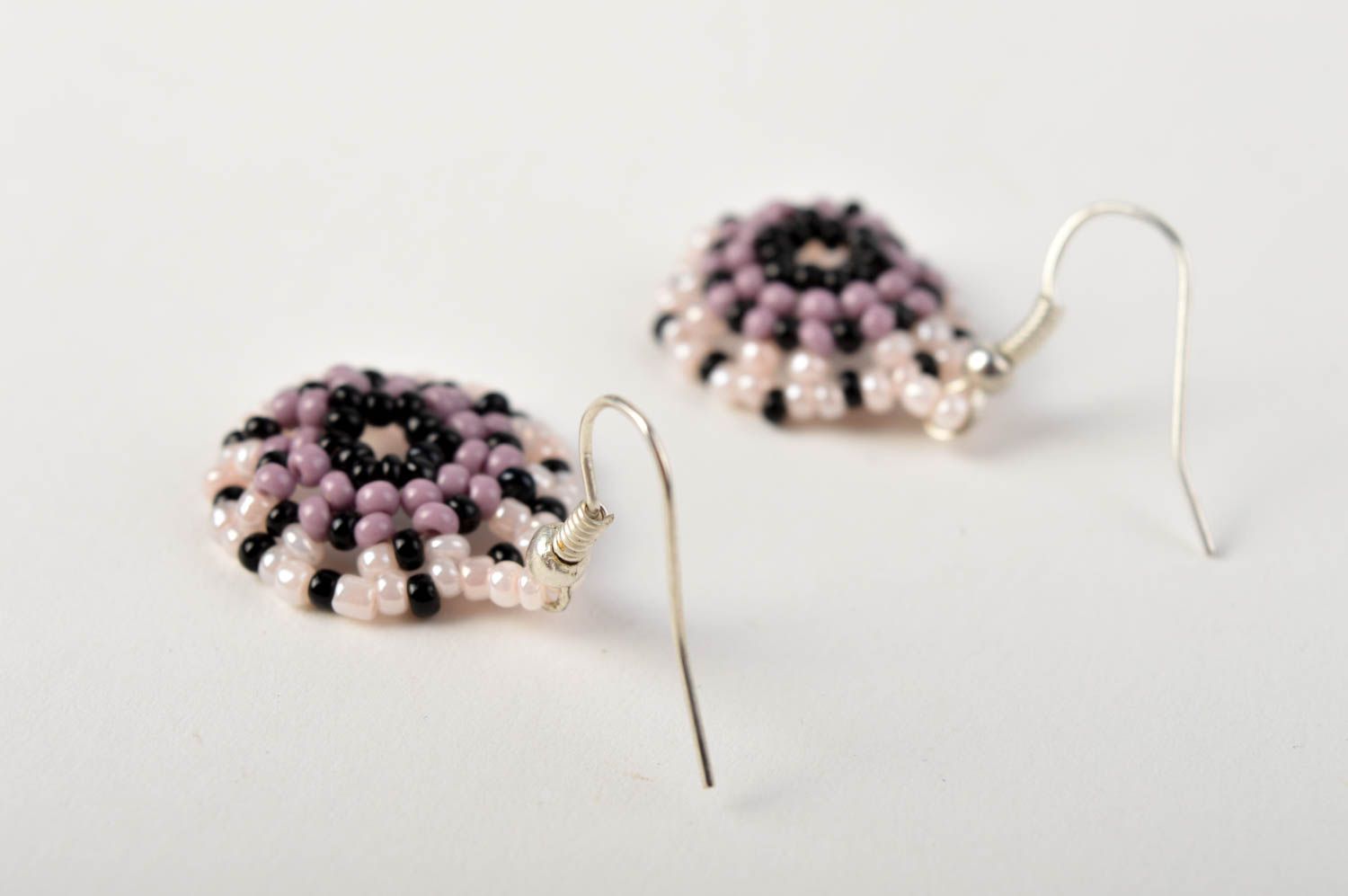 Handmade round earrings unusual beaded earrings lilac designer accessory photo 4