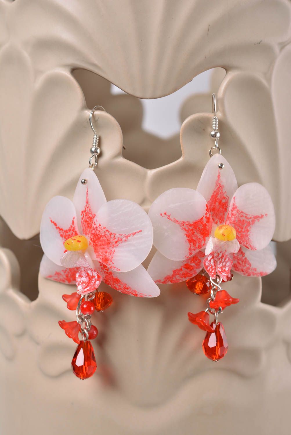 Handmade bright earrings made of polymer clay with exotic flowers photo 1