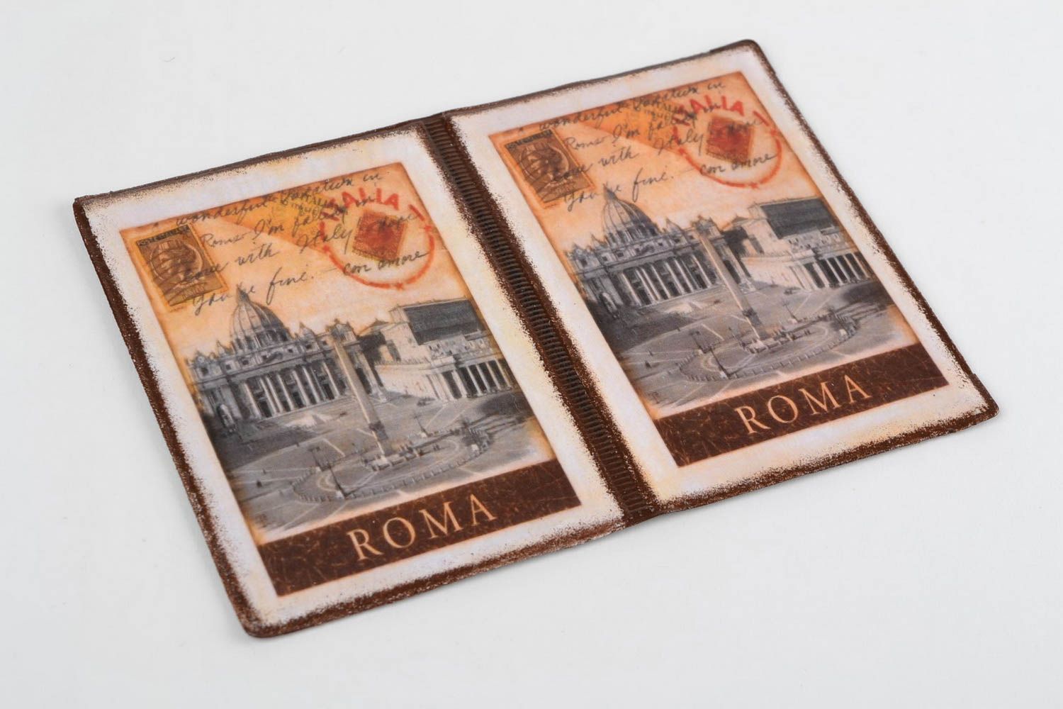 Handmade designer faux leather passport cover decorated with decoupage Roma photo 3