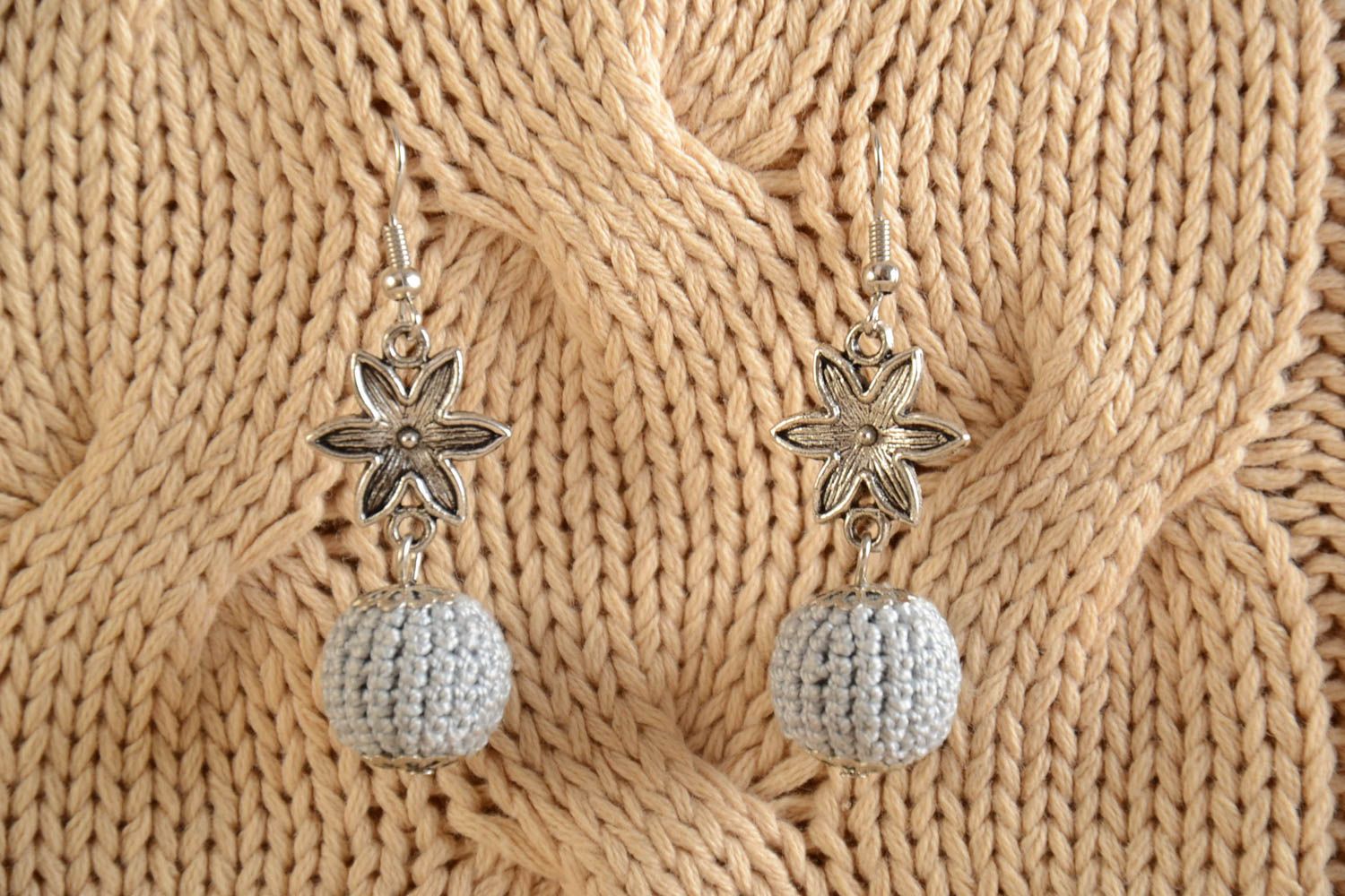 Handmade long designer bead earrings crocheted over with threads photo 1