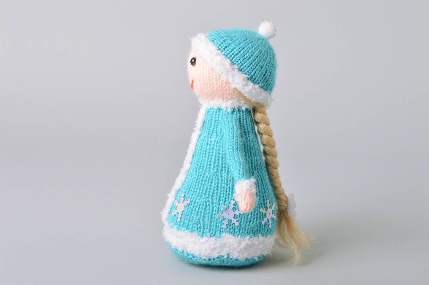 Handmade designer small beautiful knitted soft toy snow maiden for children photo 3