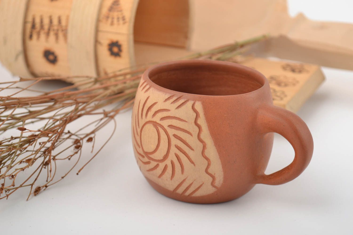 5 oz ceramic clay terracotta color coffee cup with cave drawings photo 1