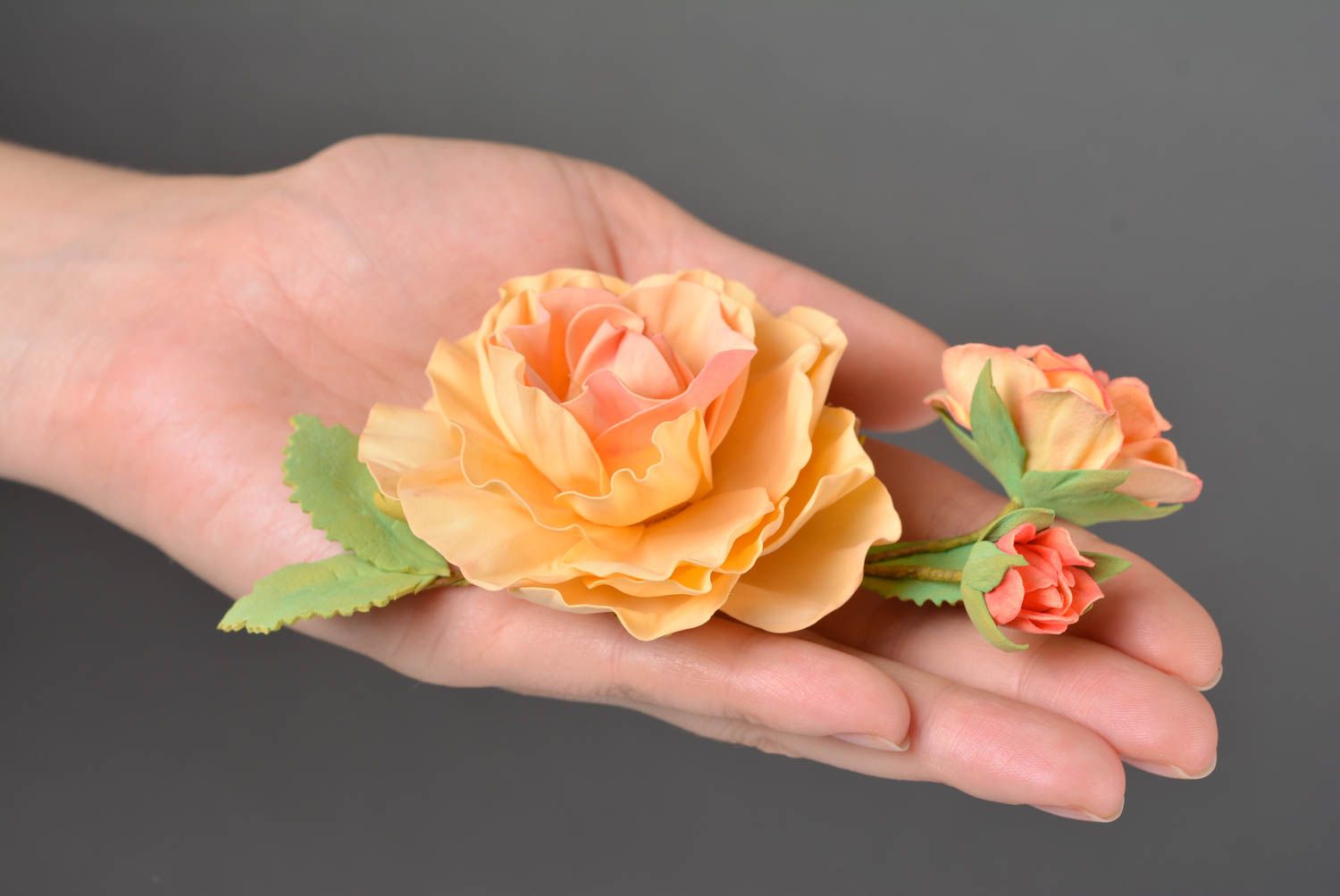 Beautiful women's handmade designer foamiran flower brooch Orange Rose photo 2