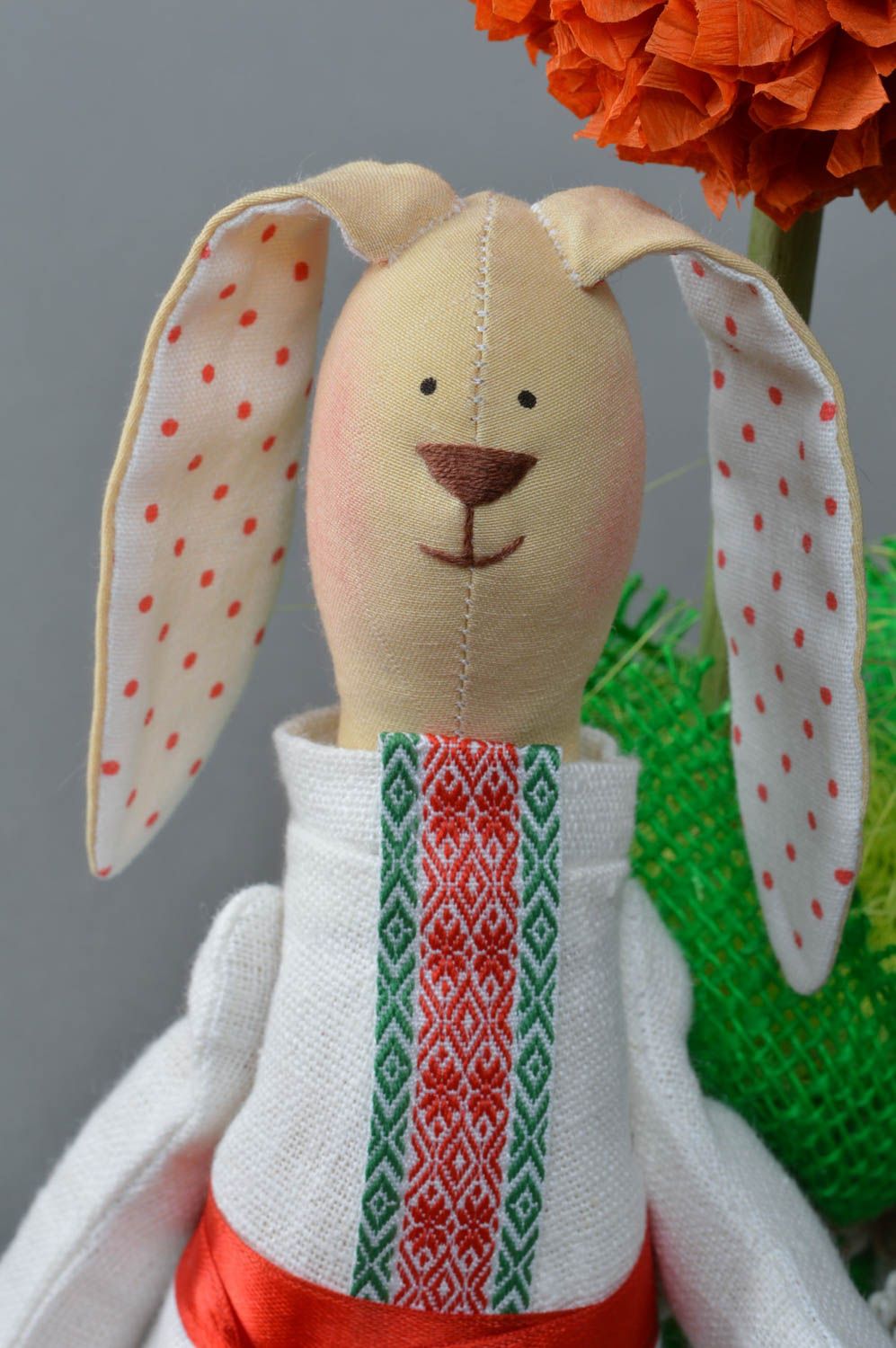 Handmade linen and cotton fabric soft toy rabbit in ethnic costume and red shoes photo 3