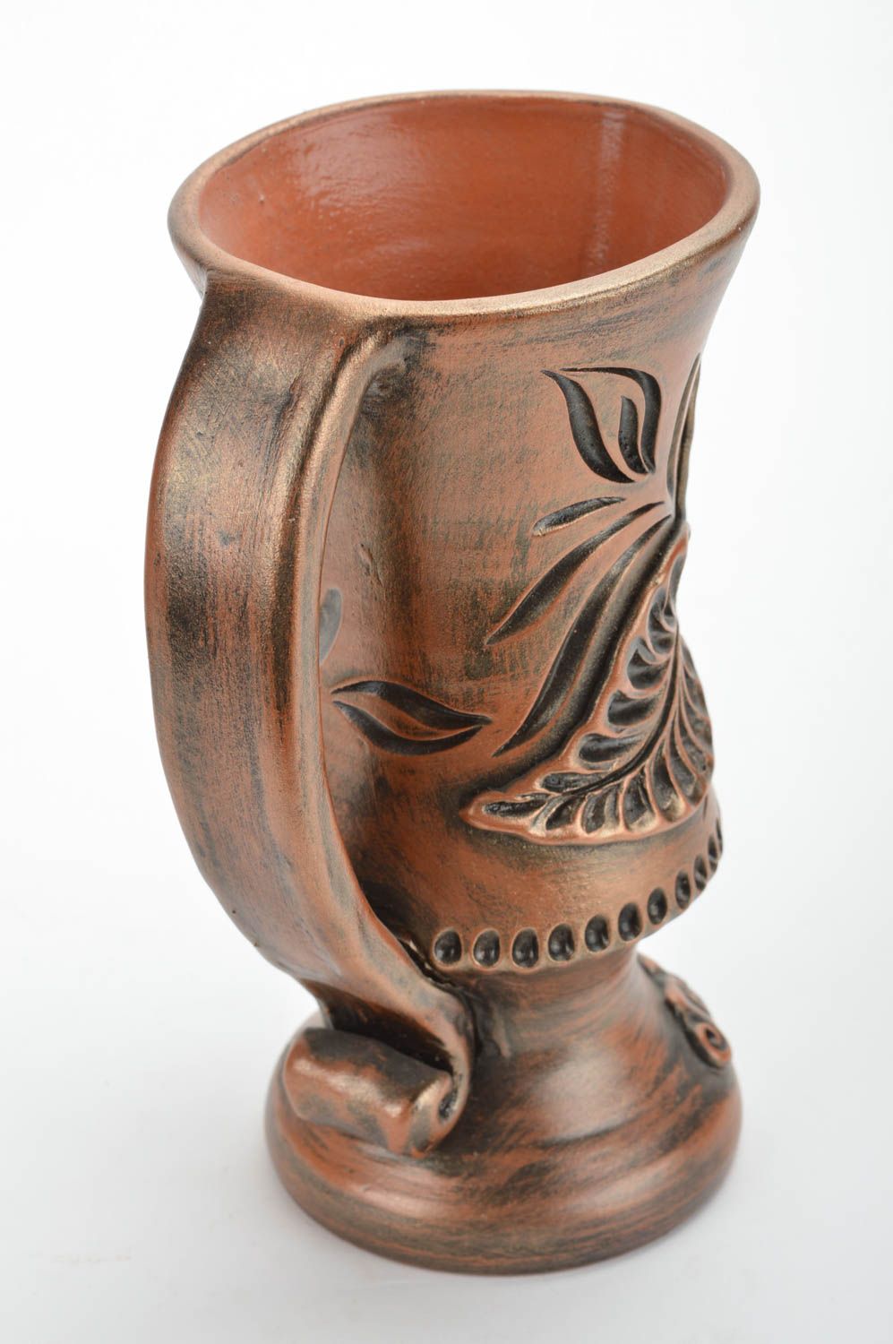 Beautiful homemade designer brown ceramic mug with patterns 300 ml clay glass photo 5