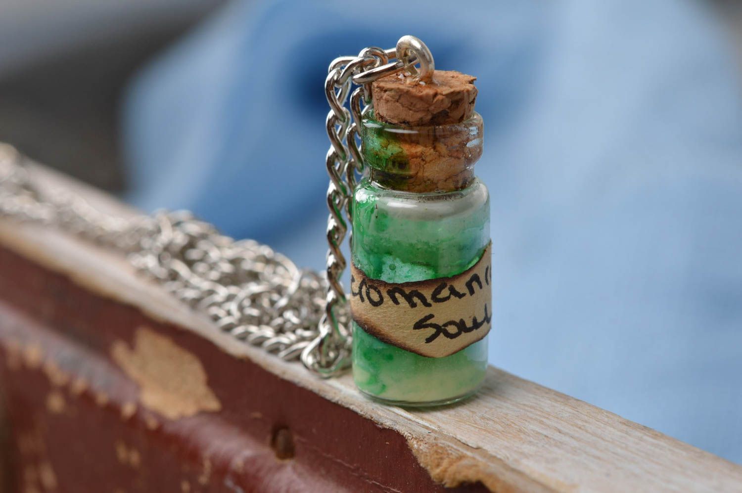 Handmade stylish luminous unusual pendant in shape of glass jar on chain photo 1