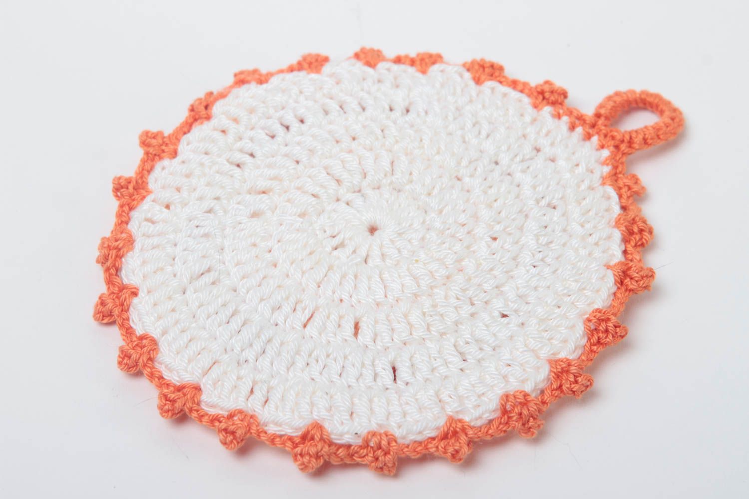 Handmade runder Topflappen gehäkelt Küchen Textilien Haus Deko orange mit Blume foto 4