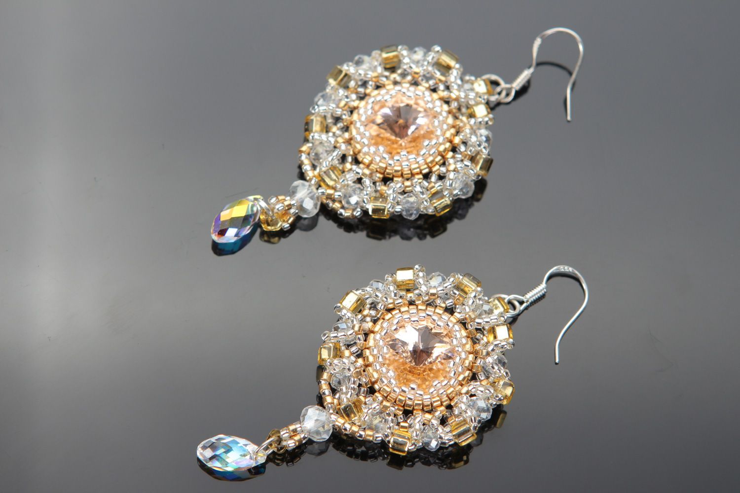 Handmade dangle beaded earrings in tender golden and white color palette photo 1