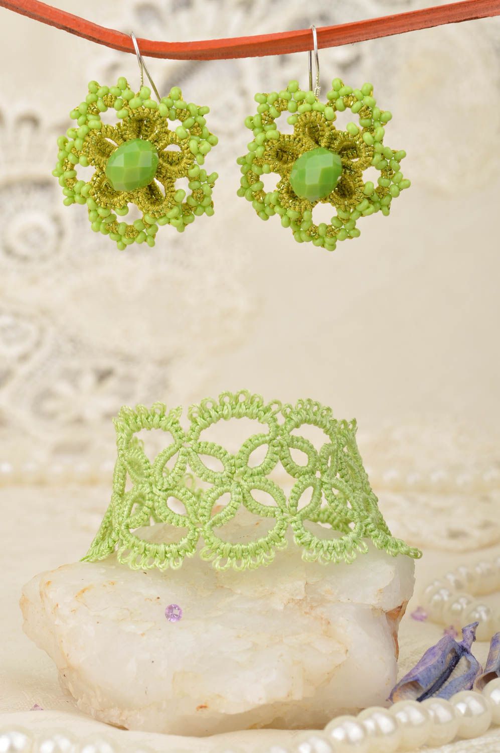 Handmade designer jewelry set lime colored tatting earrings and bracelet  photo 1