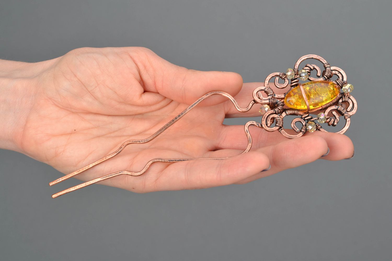 Wire wrap copper hair pin with amber photo 2