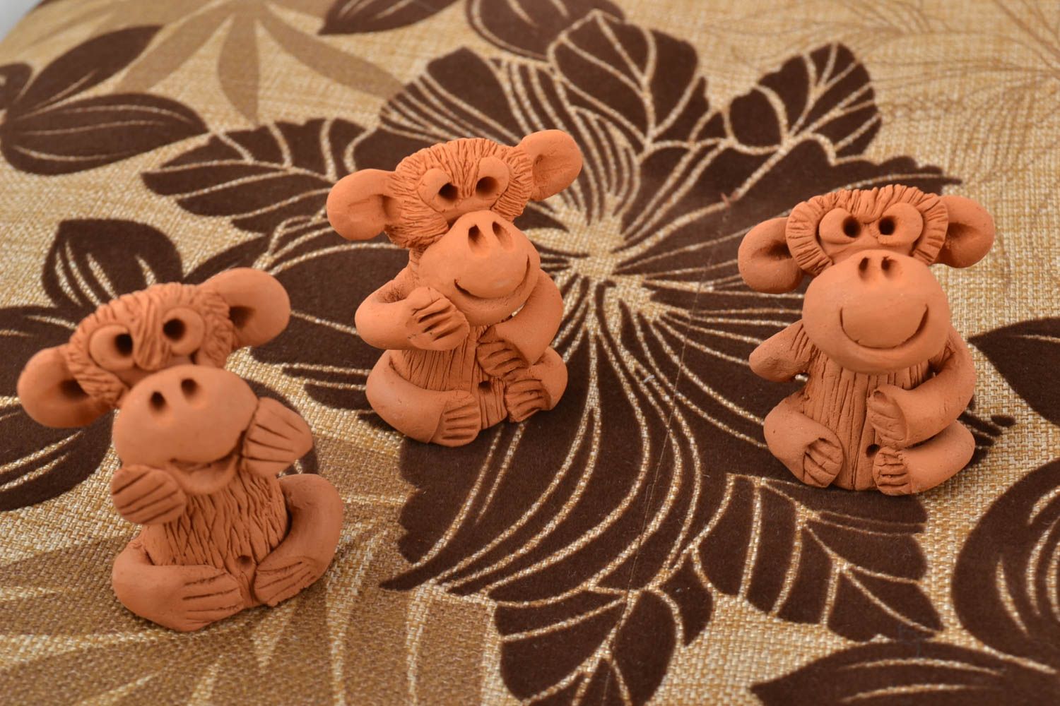 Set of 3 handmade small brown ceramic statuettes of monkeys home decor photo 1