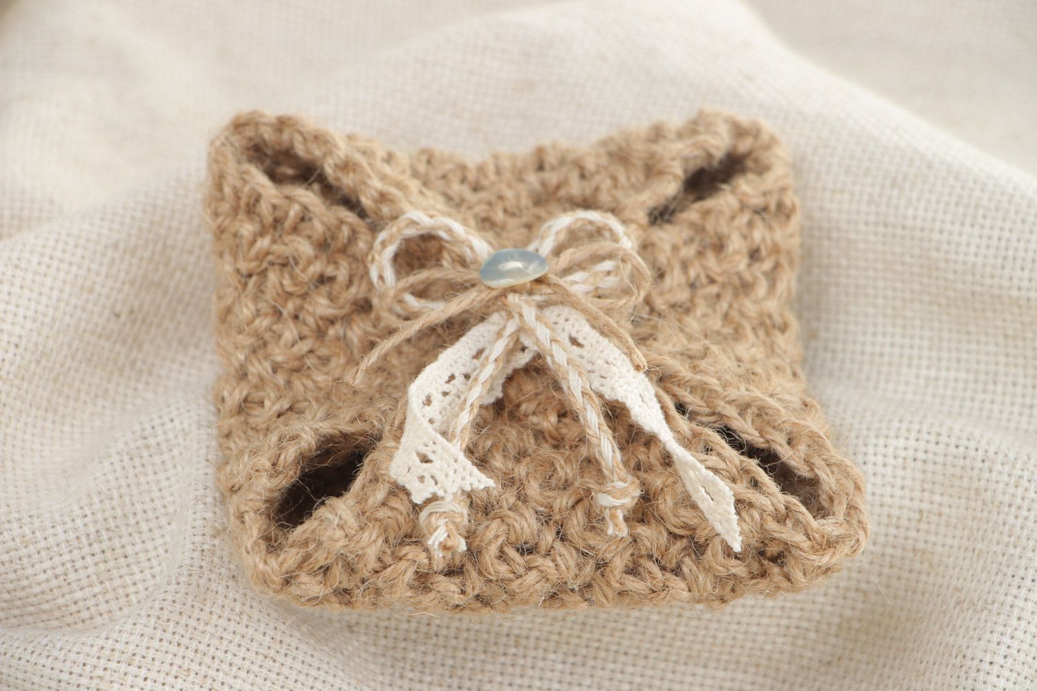 Handmade unusual wedding ring bearer pillow crocheted of jute with lace  photo 1