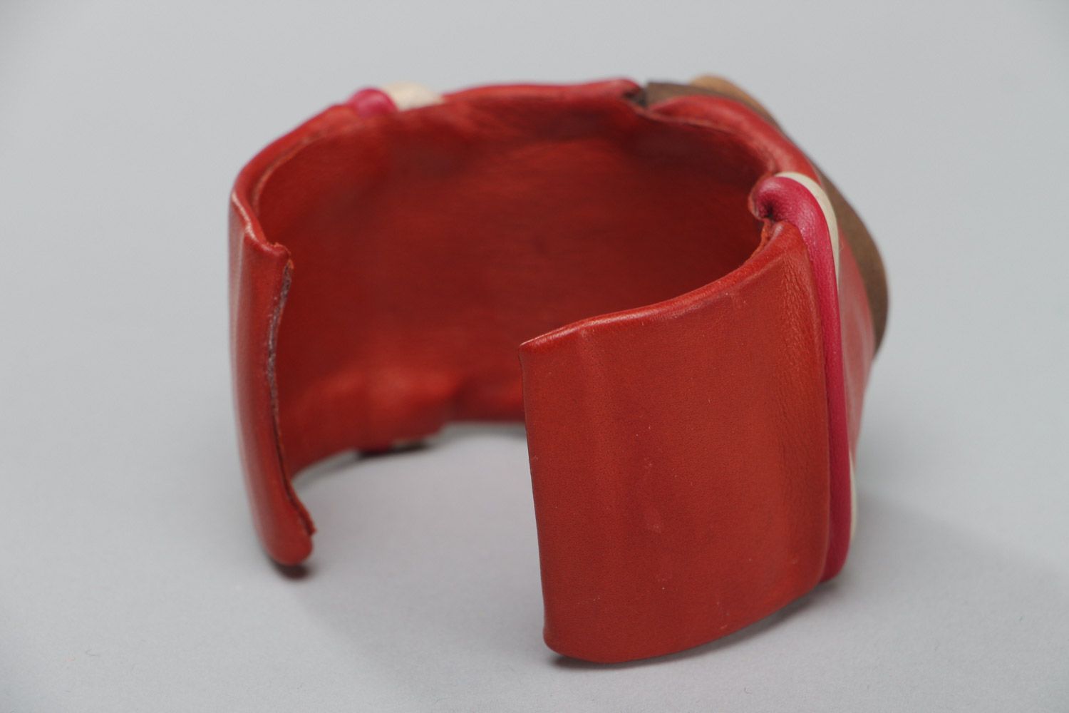Handmade massive genuine leather wrist bracelet of red color adjustable size photo 4