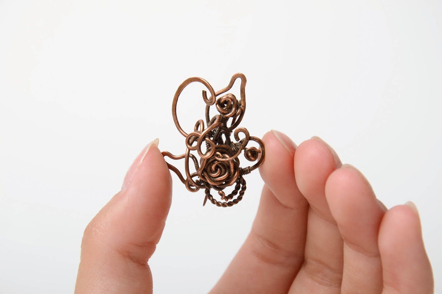 Beautiful unusual interesing stylish tender handmade wire wrapped copper brooch photo 4