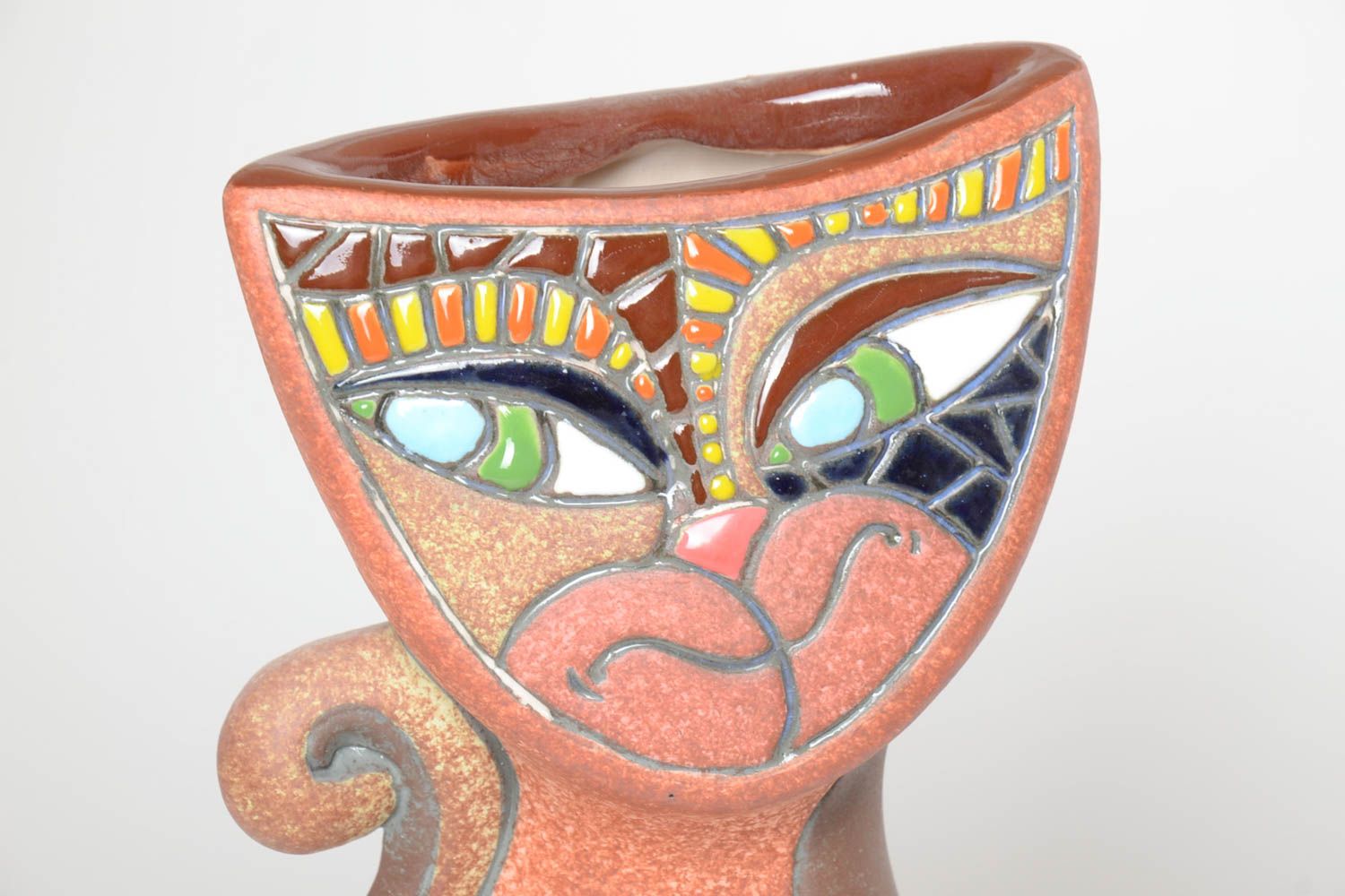 Vase argile fait main Déco maison en forme de chat multicolore Cadeau original photo 3