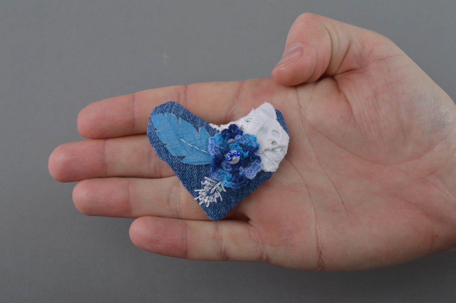 Unusual beautiful heart shaped handmade denim fabric brooch  photo 4