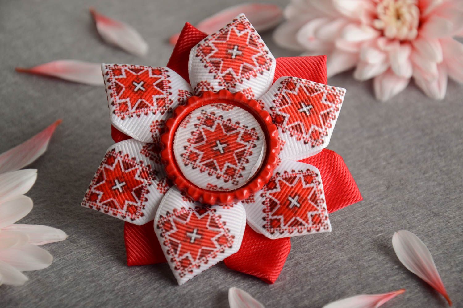 Beautiful handmade rep ribbon textile hair tie of red color in ethnic style photo 1