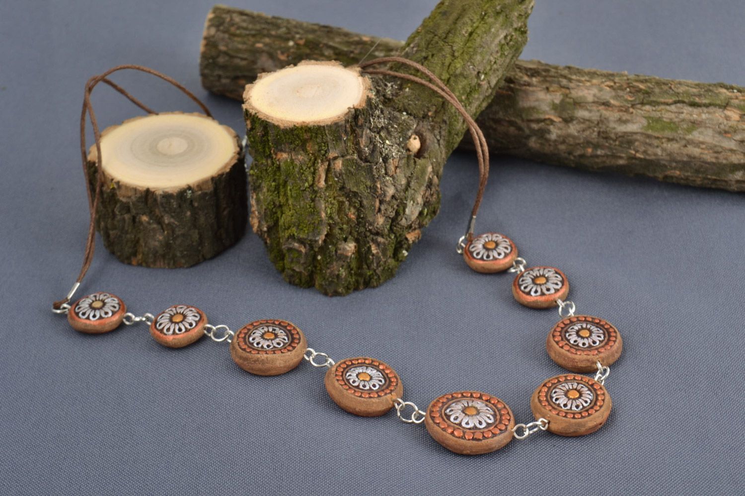 Handmade ceramic bead necklace painted with ornaments in ethnic style for women photo 1