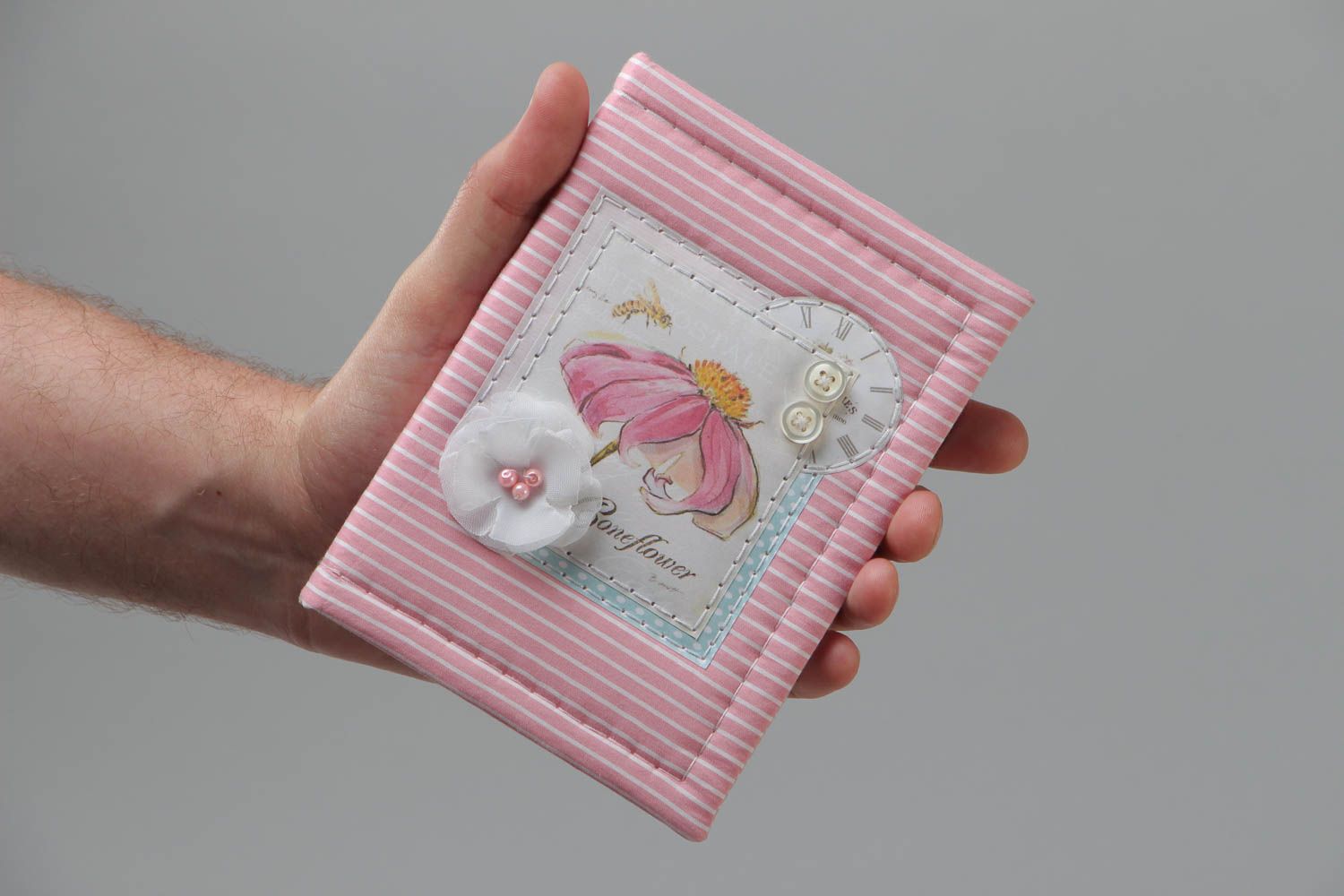 Блокнот в технике скрапбукинг с обложкой из ткани розовый полосатый хэнд мейд фото 5