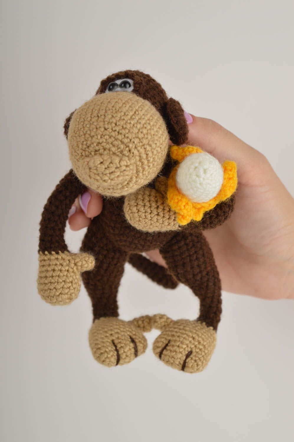 Knitted little 6 inches stuffed monkey in brown, yellow, beige colors photo 5
