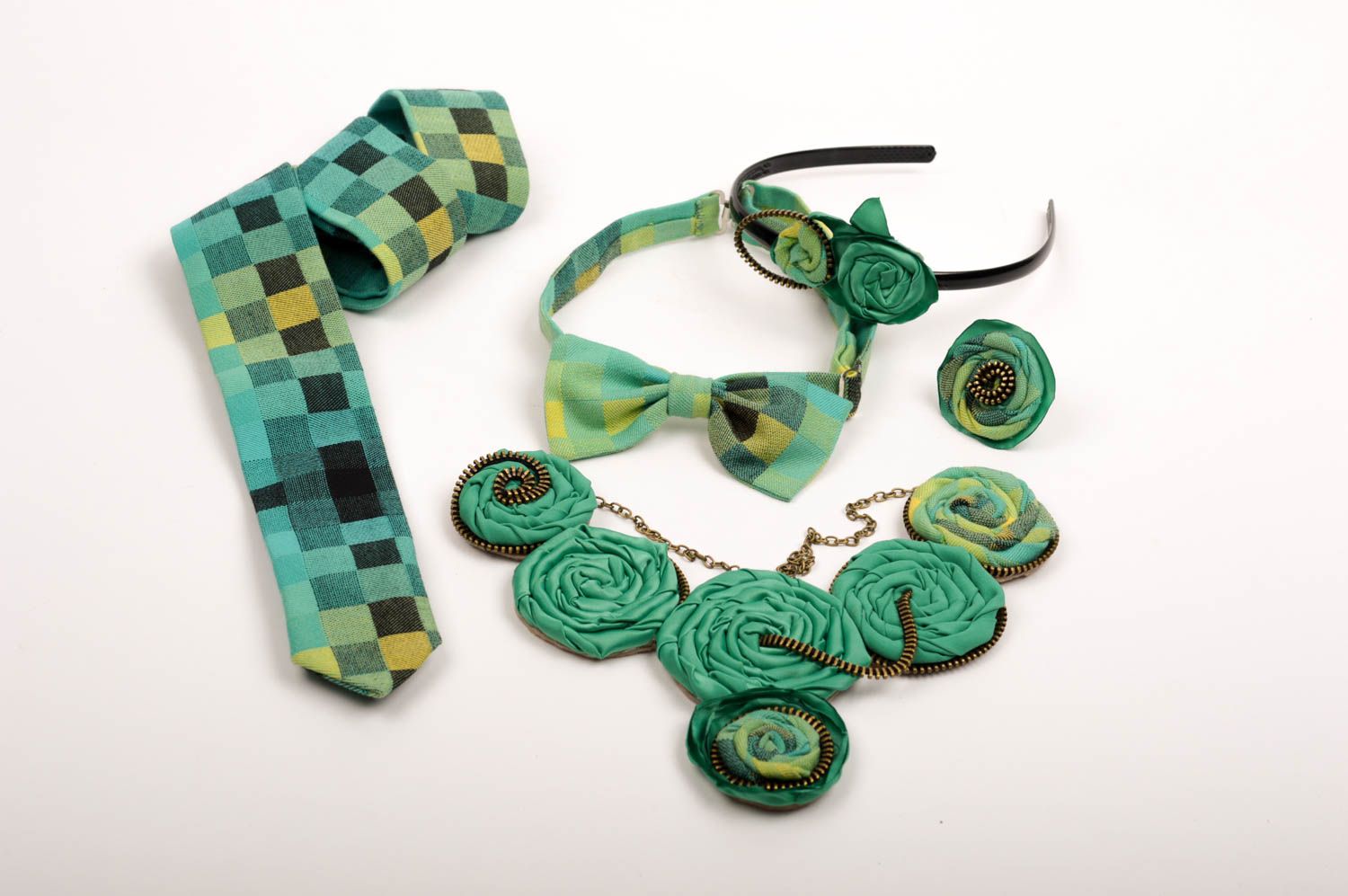 Handmade textile jewelry set hair band bow tie ring and necklace womens tie photo 1