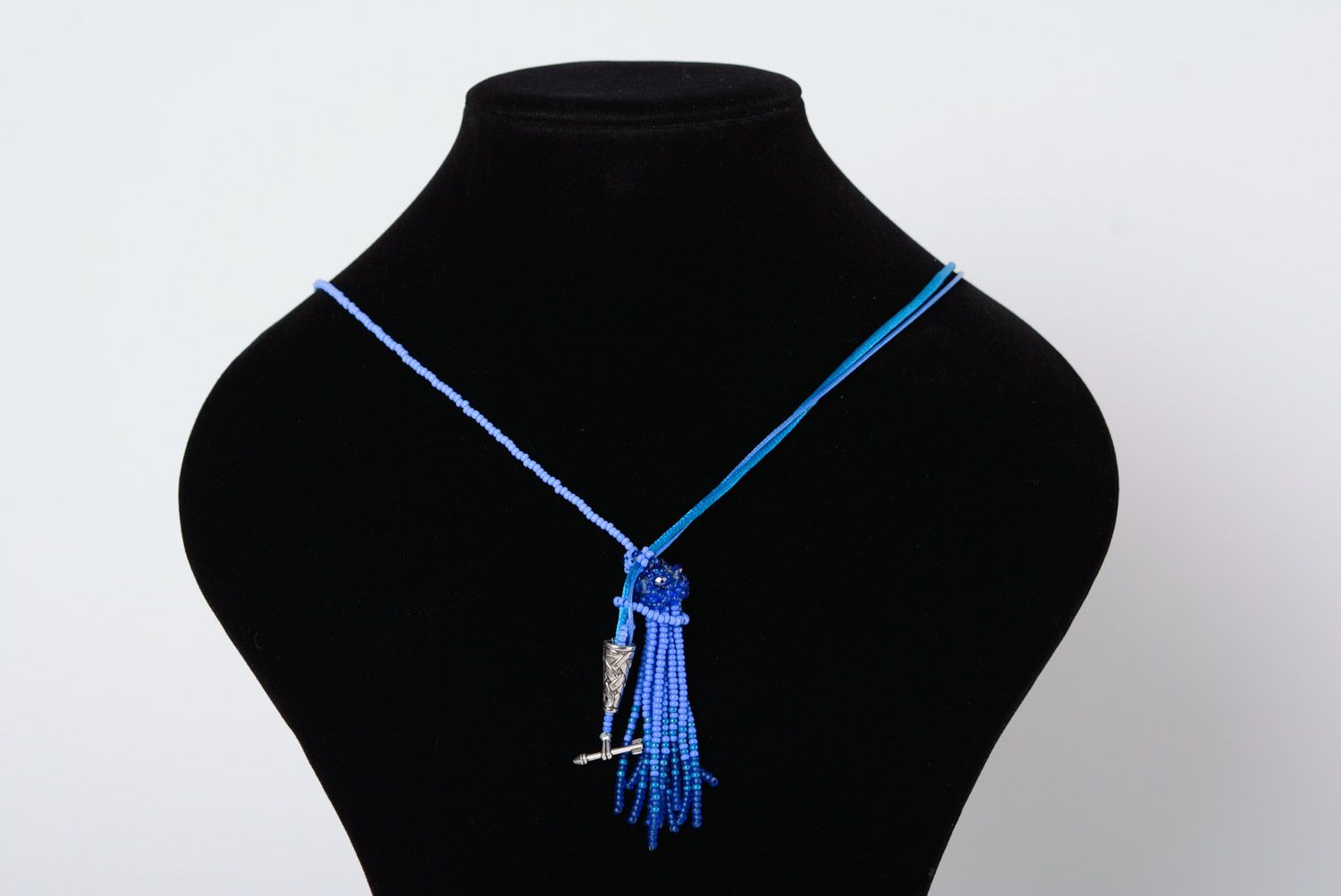 Bright stylish handmade beaded pendant of blue color for women photo 1