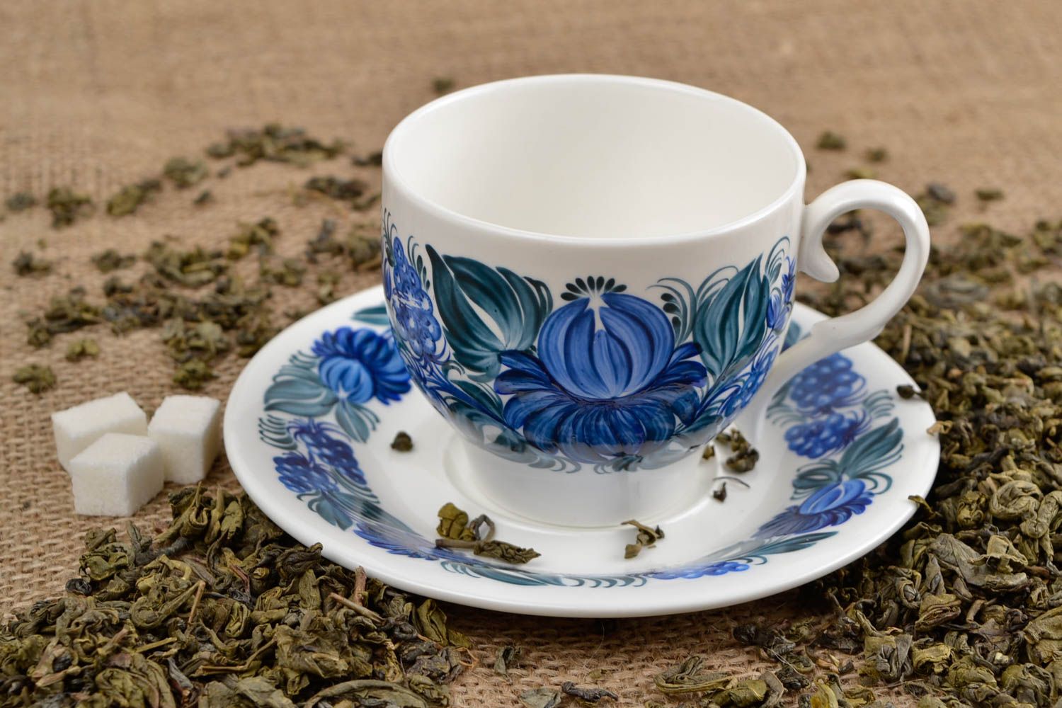 White porcelain cup with handle and saucer with blue floral pattern in Russian style photo 1