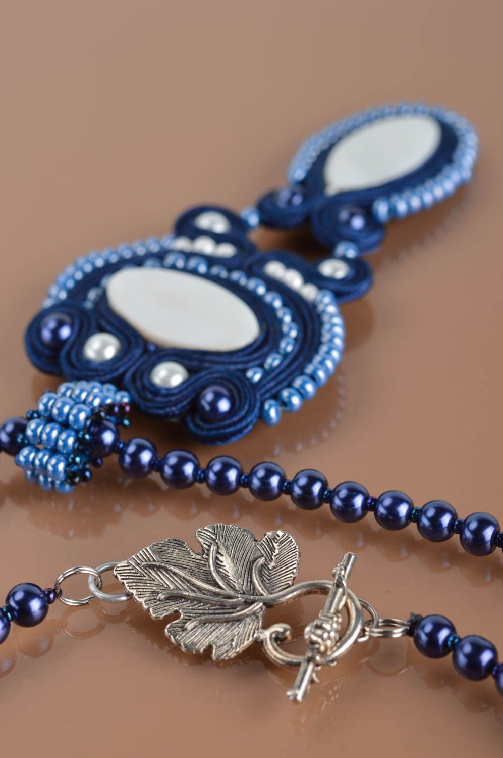 Beautiful blue handmade elegant soutache necklace with Czech beads photo 4