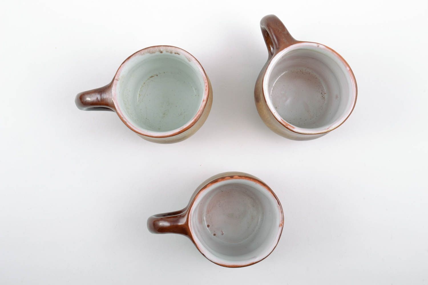 Handmade brown glazed clay cups set 3 pieces 150 ml eco kitchenware photo 2