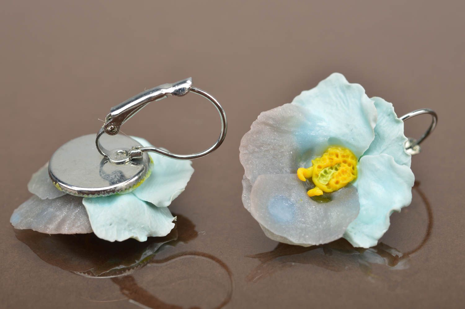 Tender blue designer handmade earrings with polymer clay violet flowers  photo 5