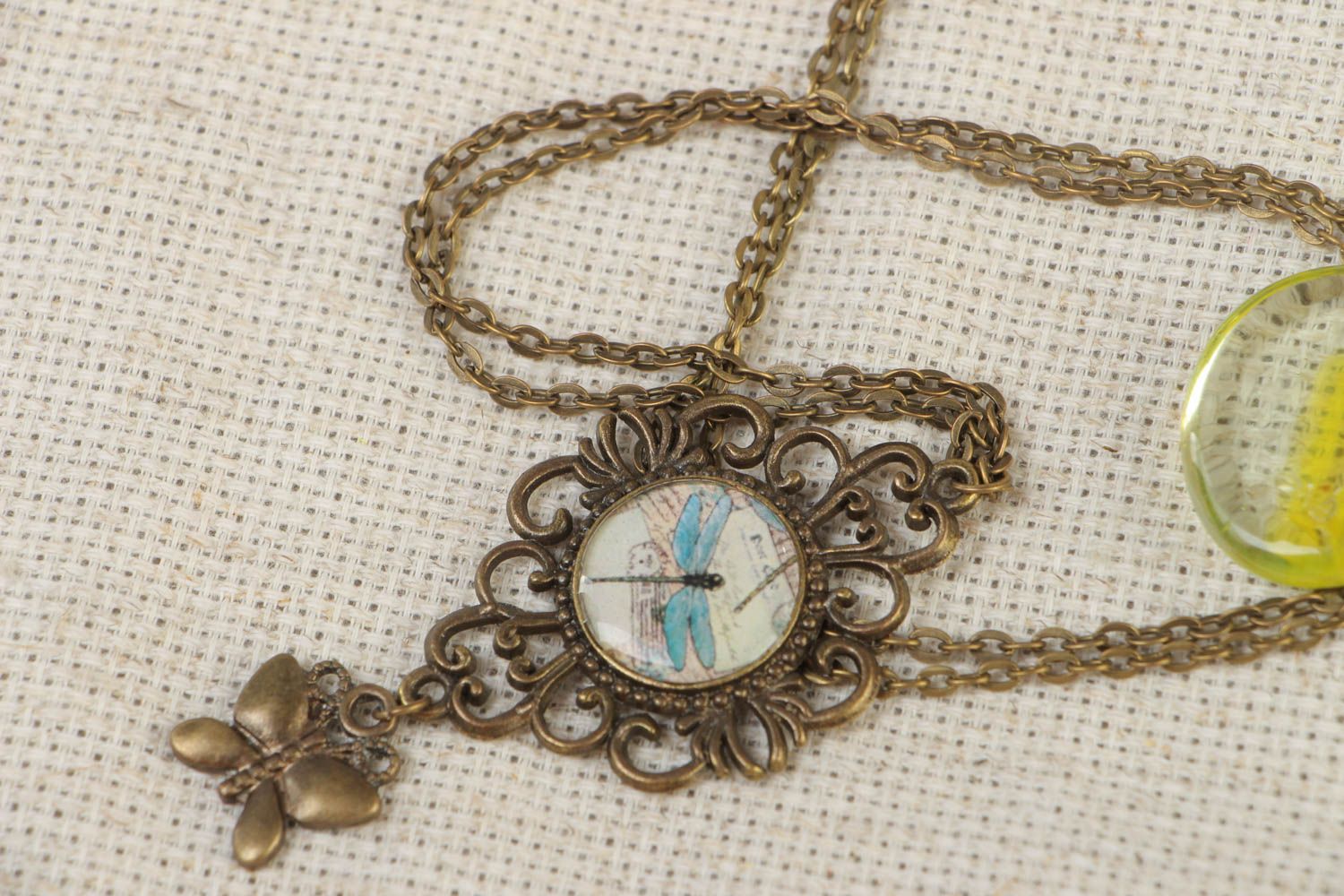 Designer handmade vintage necklace on a long chain with a dragonfly pendal photo 1