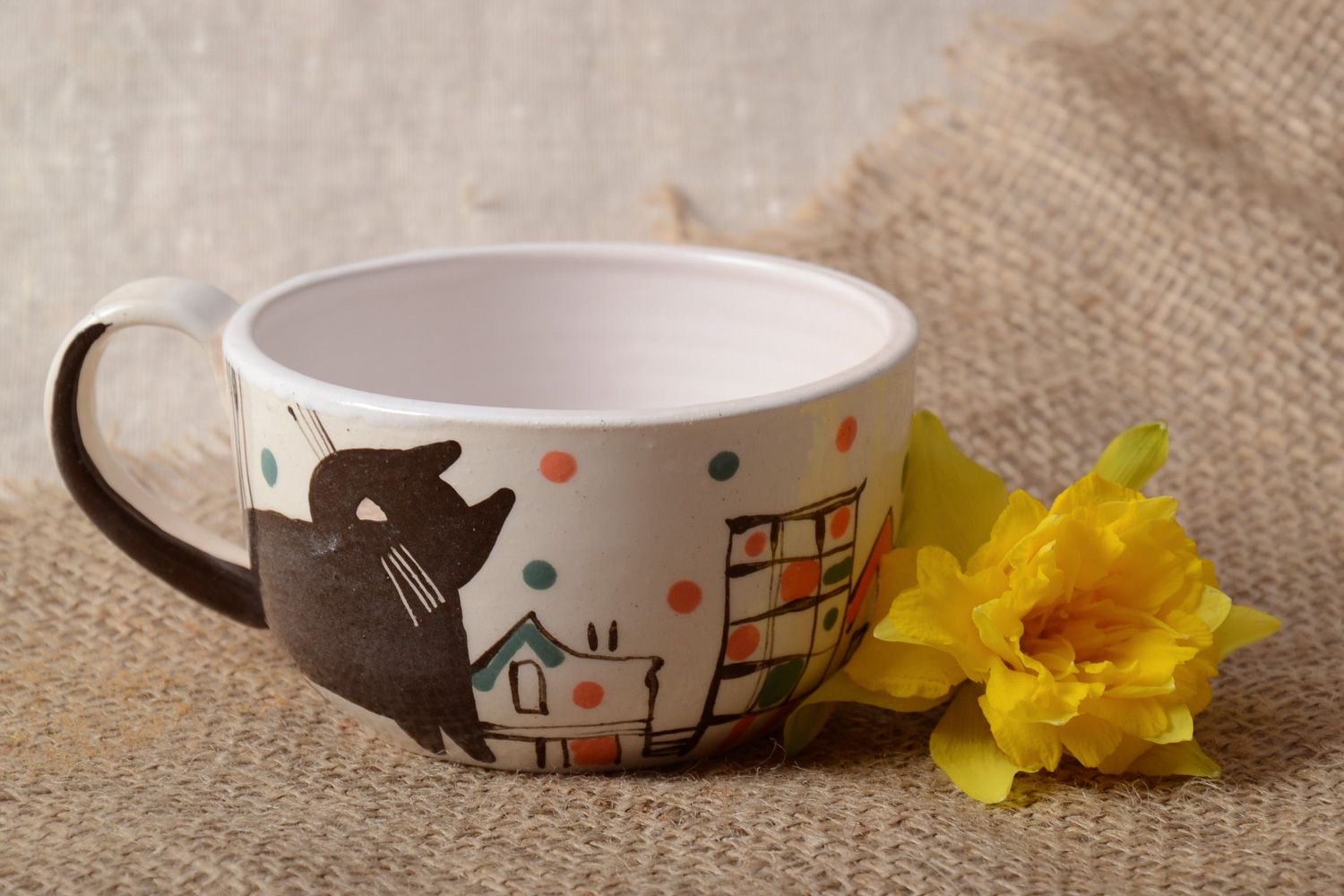 Ceramic cup for kids with kitty pattern in white and brown color 0,42 lb photo 1
