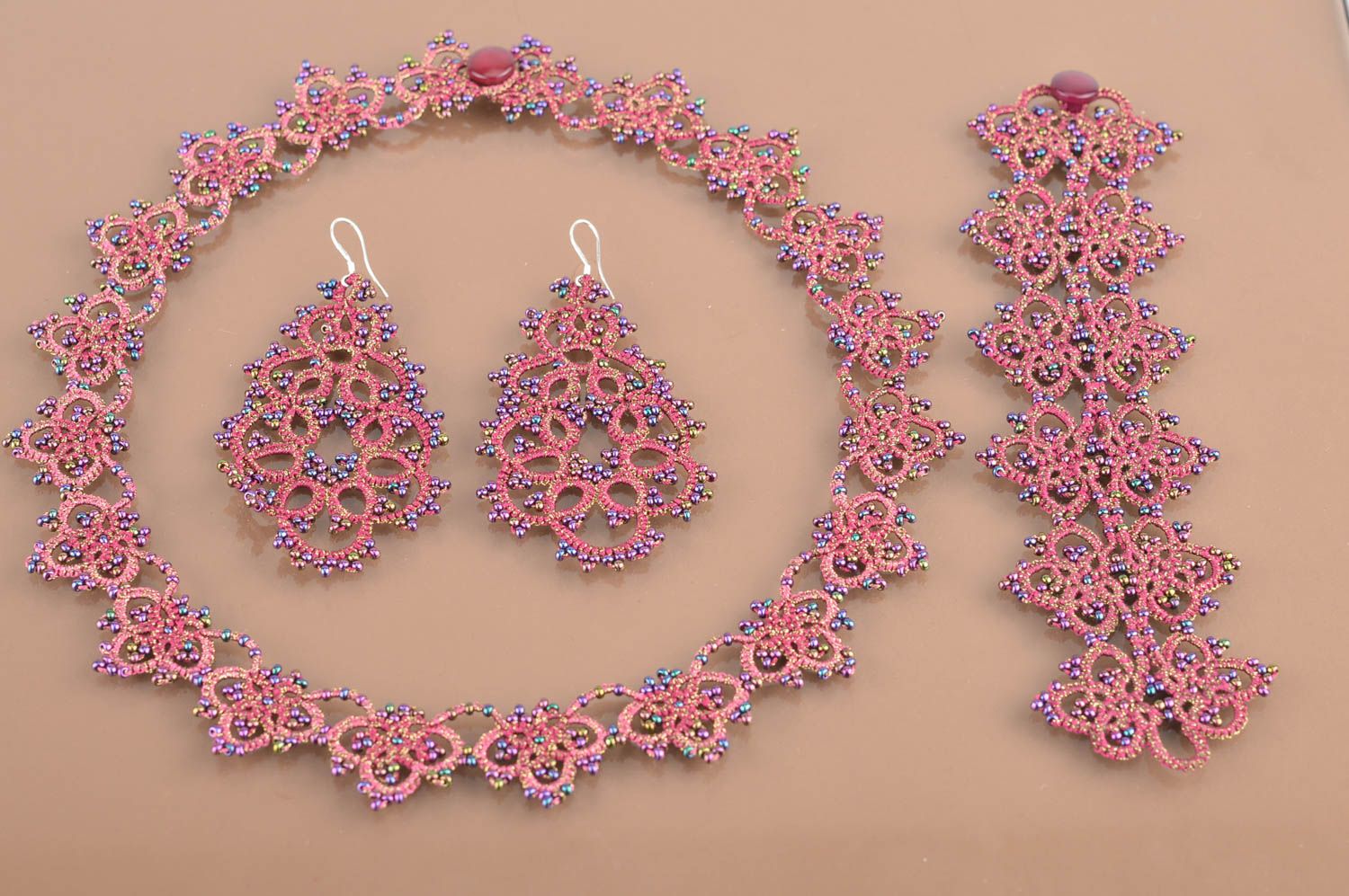 Handmade purple lace tatted jewelry set 3 items earrings bracelet and necklace photo 5