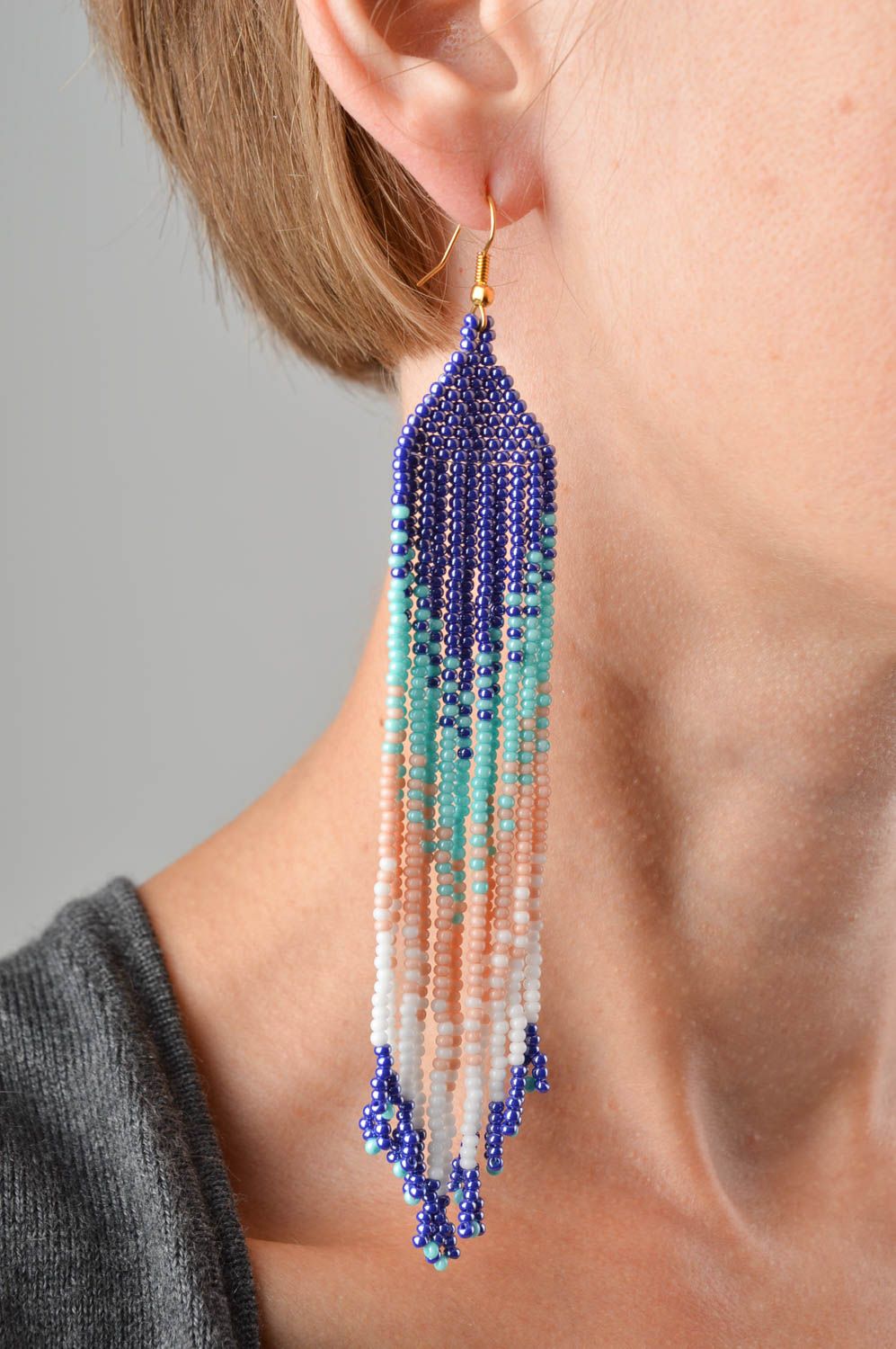 Handmade blaue lange Schmuck Ohrringe Glasperlen Schmuck Accessoire für Frauen  foto 2